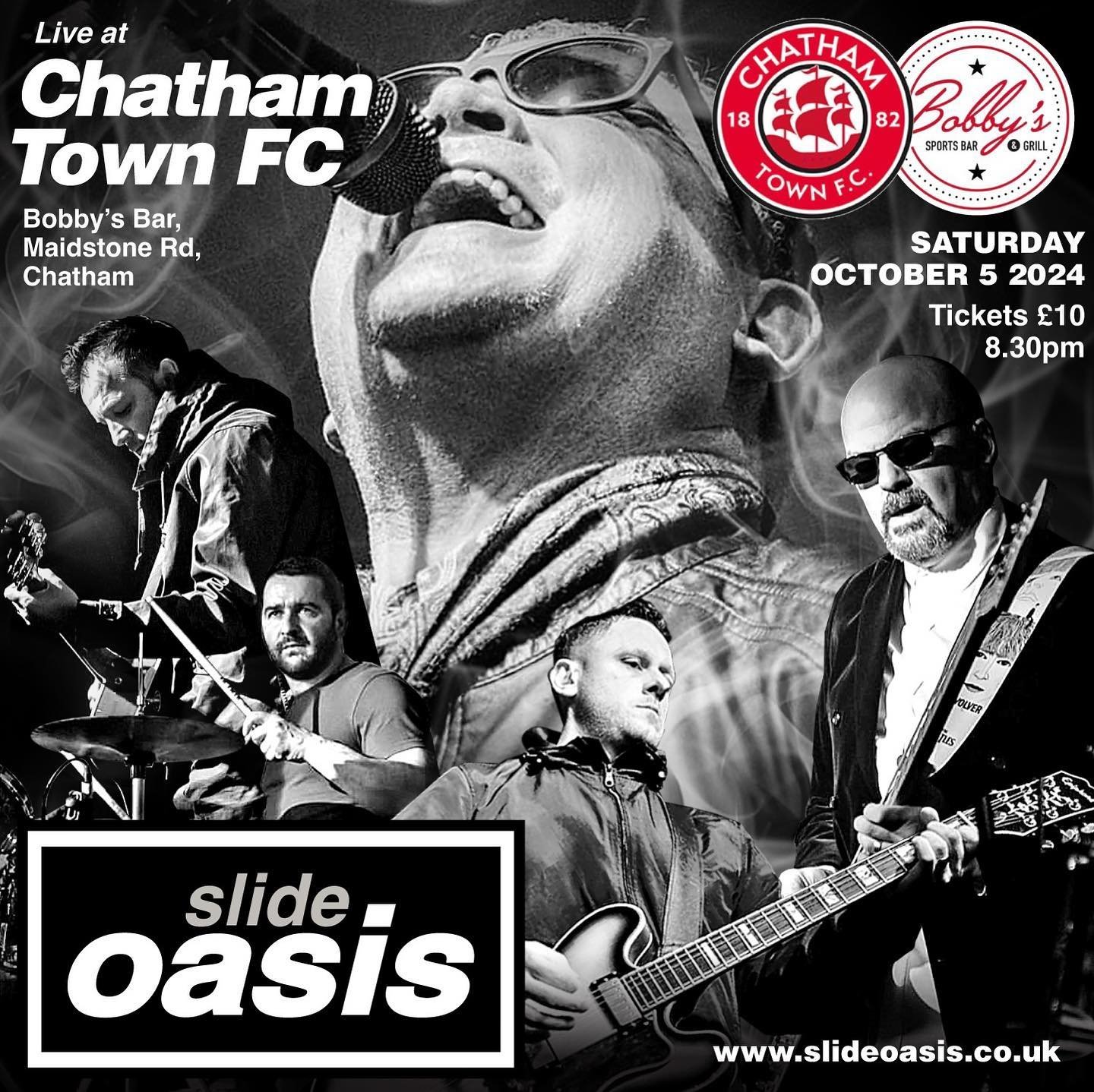 Come on you know Chatham! Playing live at @chathamtownfc @bobbyssportsbar on Sat 5 Oct #oasis #oasistribute #chatham #medway #oasisreunion #livemusic #kentgigs #nonleaguefootball