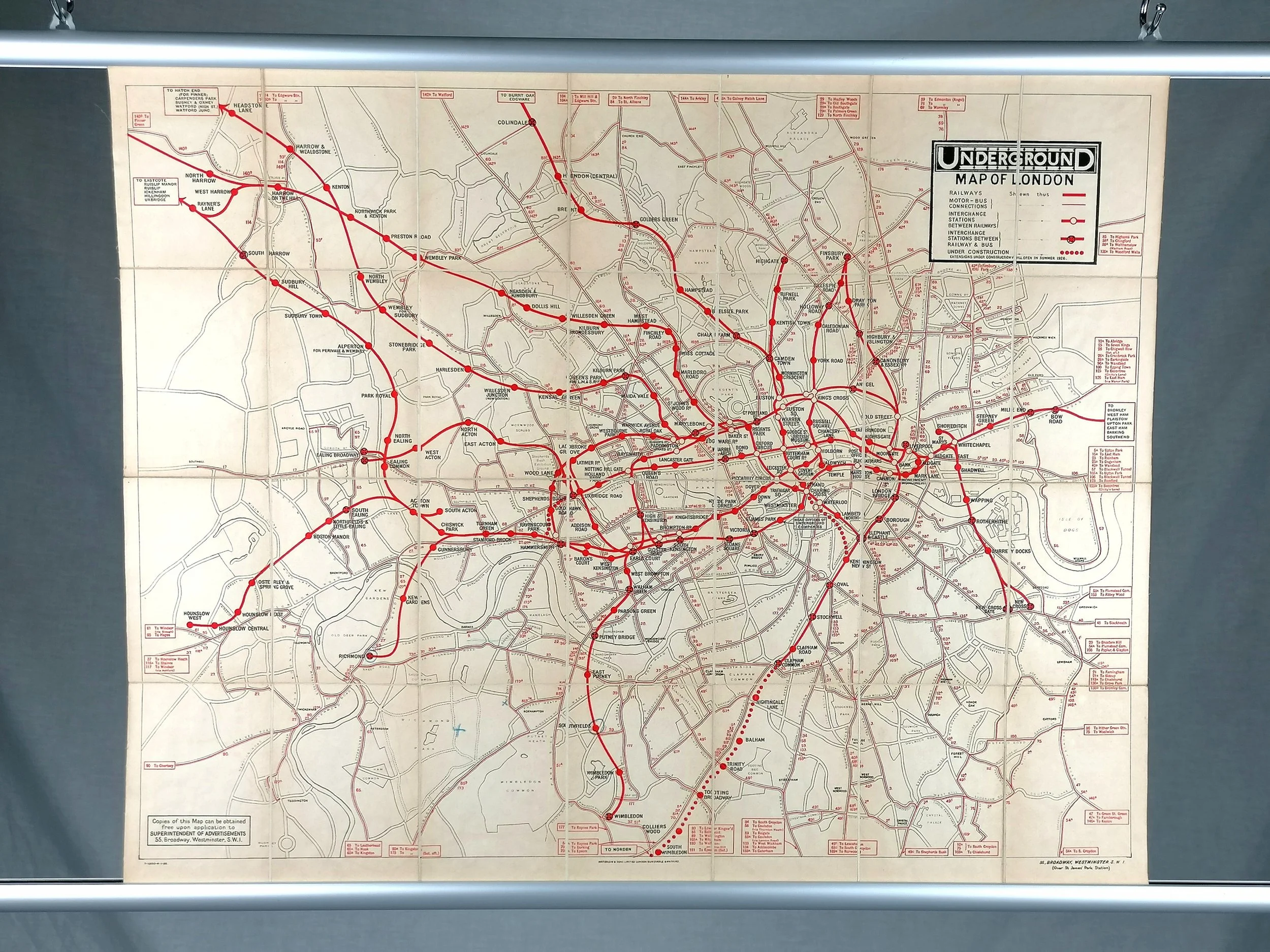 1926 London Underground Station Map - Double Crown Poster - folded on linen