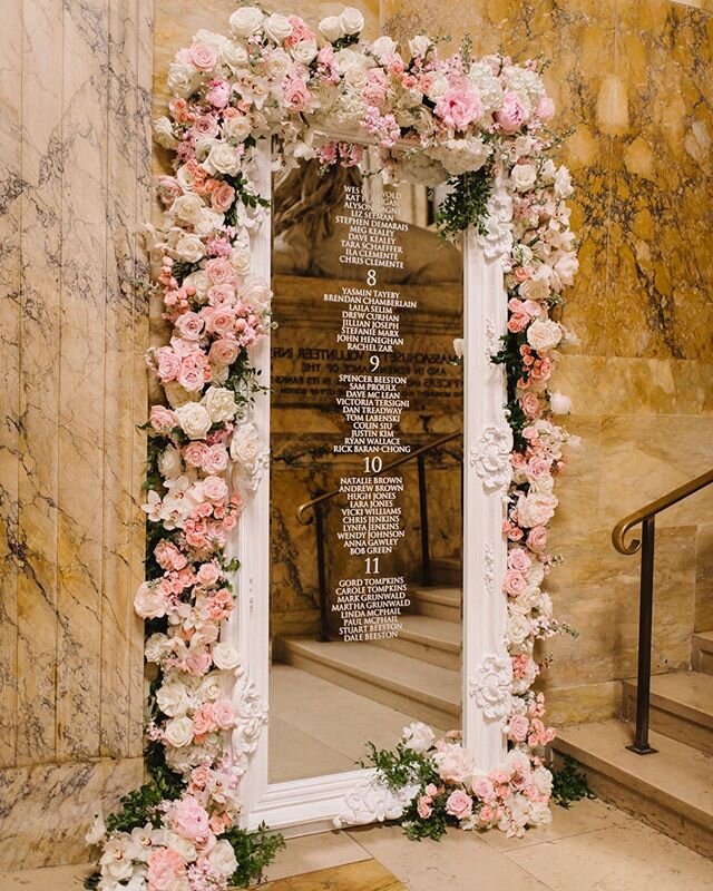 We&rsquo;re taking the escort card display to new dramatic heights! 
As guests transitioned to dinner, they were greeted with these beautiful designs flanking the staircase landing of the library. 
A full circle moment for our creative director as he