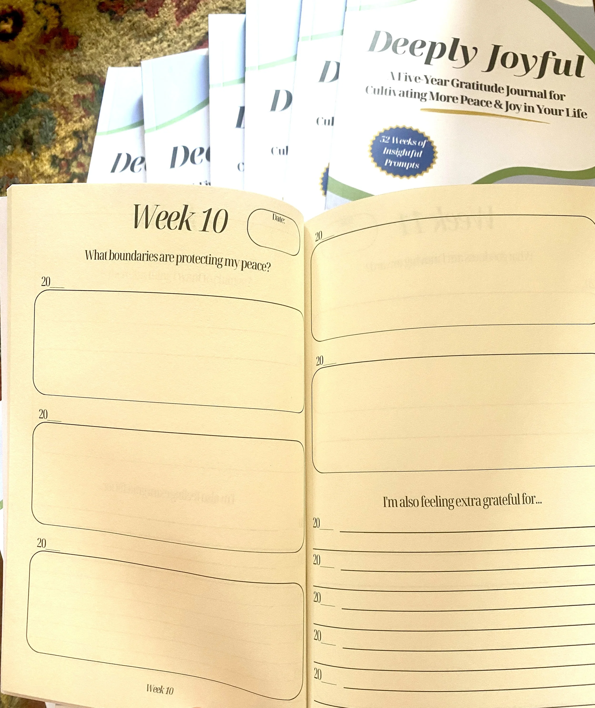 Deeply Joyful, a five-year weekly perpetual gratitude journal for self discovery and cultivating more inner peace. Weekly Gratitude journal.