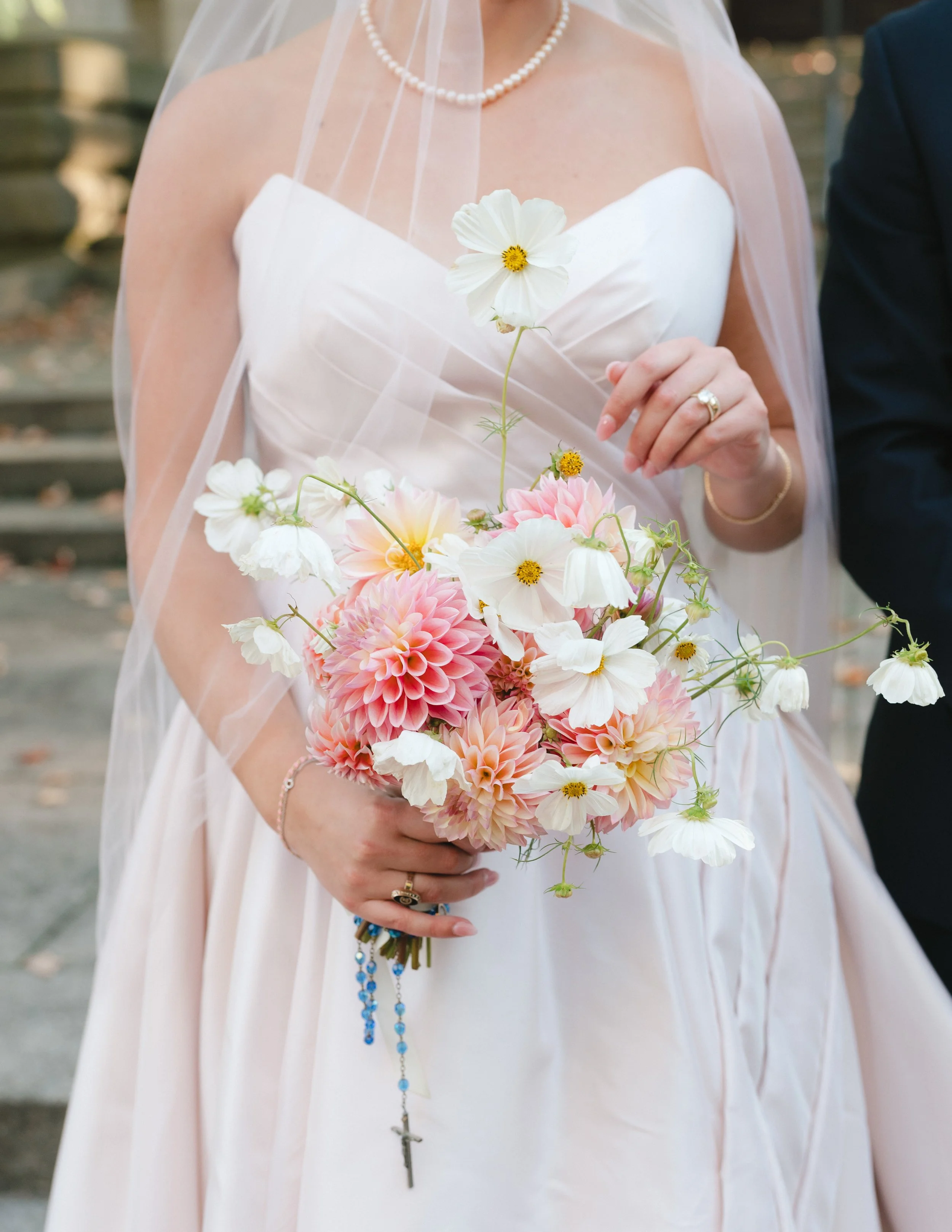 pink Dahlia and white cosmos bridal bouquet - modern minimalist bridal bouquets by heirloom soul florals - wedding florist in Buffalo ny