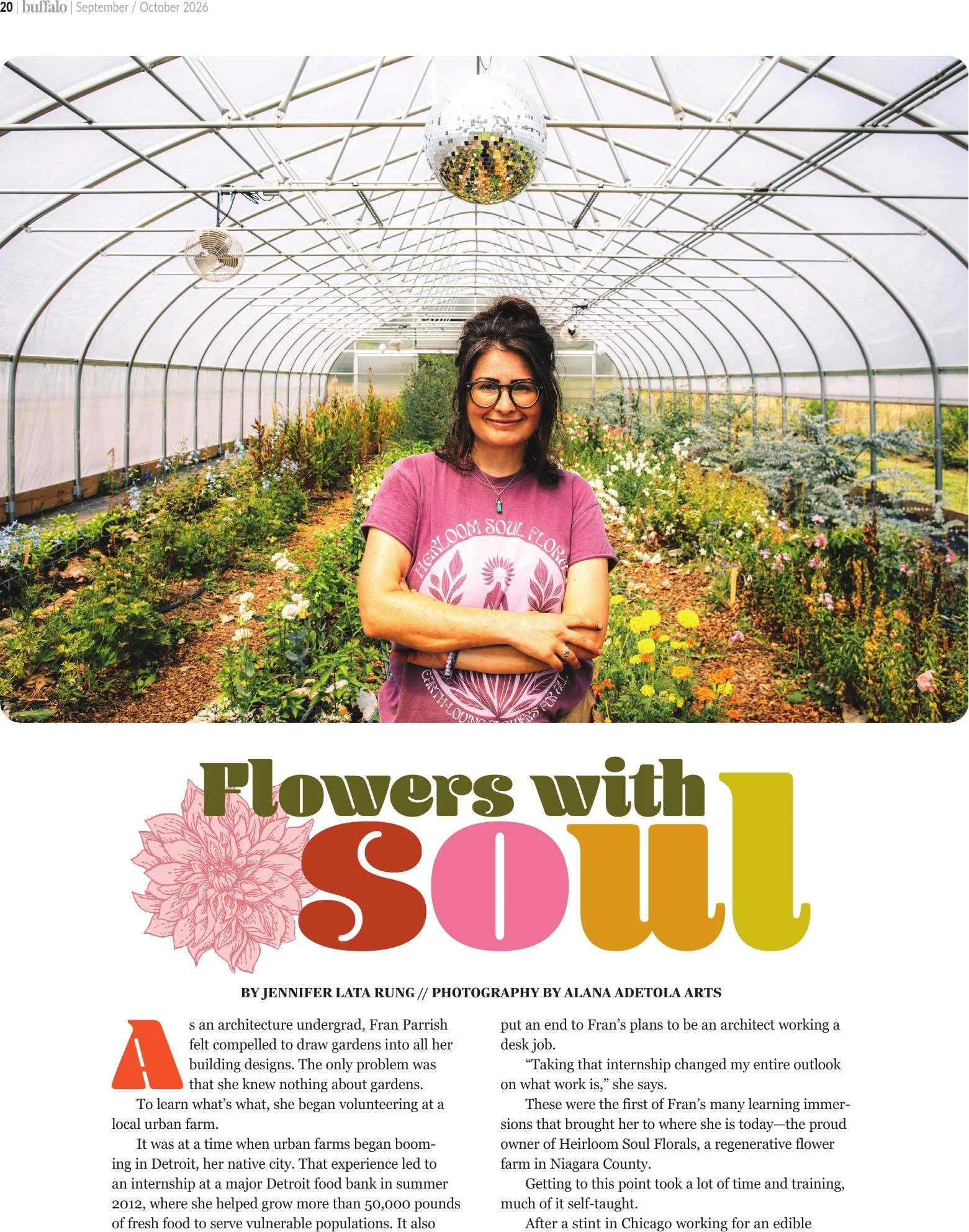 Heirloom Soul Florals in Buffalo Magazine. Flower farm in WNY with disco ball in greenhouse. Flower farmer in WNY sells bulk buckets for DIY weddings. Wholesale flowers from a local flowers farm.