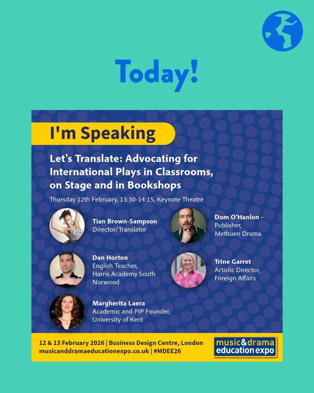 TODAY AT THE EXPO! 🎭

Let's Translate: Advocating for International Plays in Classrooms, on Stage and in Bookshops

When: Today, 12 Feb | 13:30 &ndash; 14:15
Where: Keynote Theatre
Focus: Secondary Drama &amp; Curriculum Diversity

Co-Chairing the p