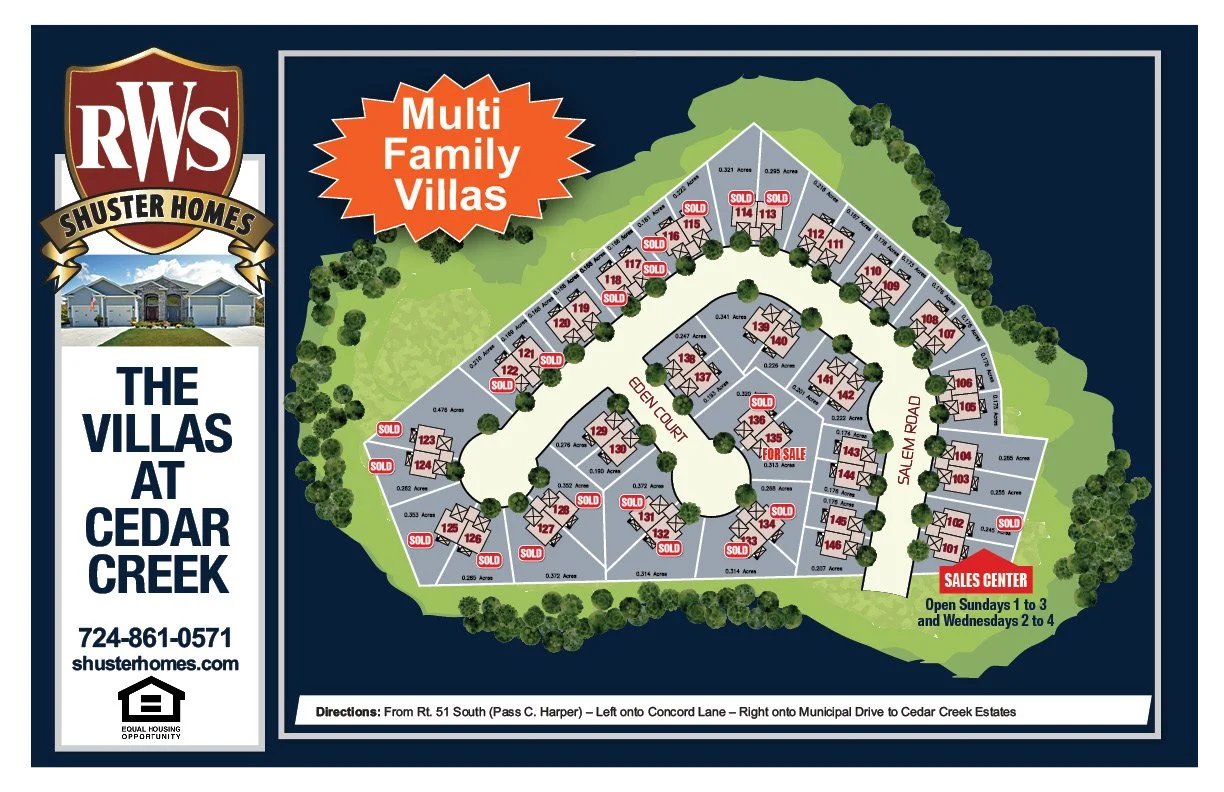 Poster of available one-level living villas in Rostraver, PA.