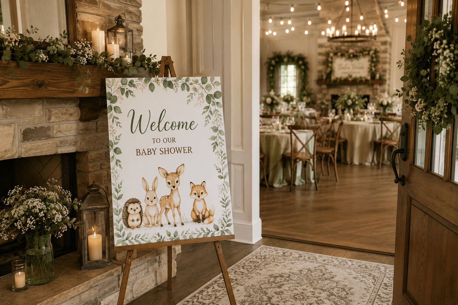 Woodland baby shower entrance featuring a large welcome sign on a wooden easel beside a stone fireplace decorated with greenery, candles, and floral arrangements. An open doorway leads into a baby shower venue with tables and chairs.