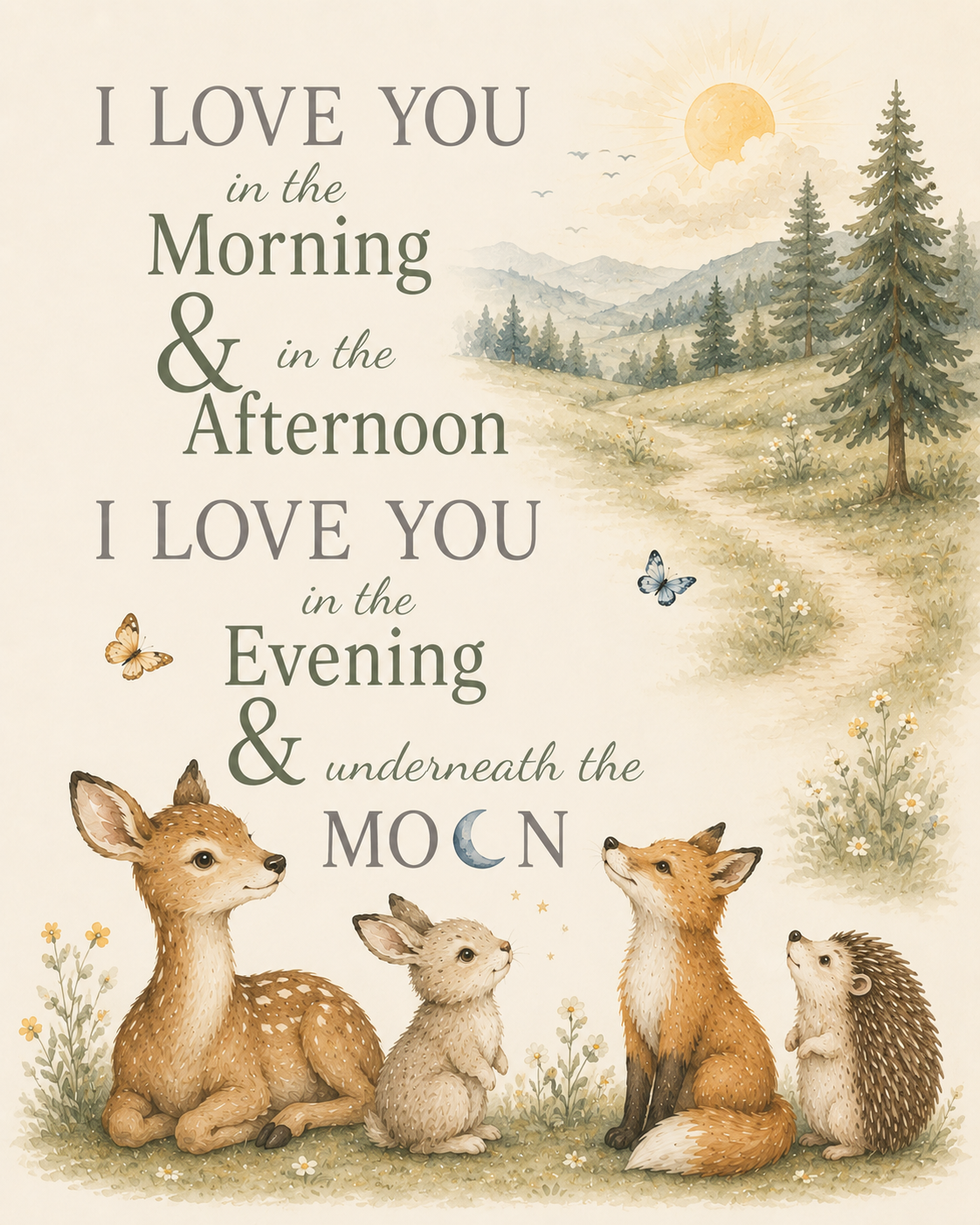 Woodland nursery print featuring the quote "I Love You In The Morning And In The Afternoon, I Love You In The Evening And Underneath The Moon" with a deer, bunny, fox, and hedgehog in a forest landscape with trees, butterflies, and a winding path.