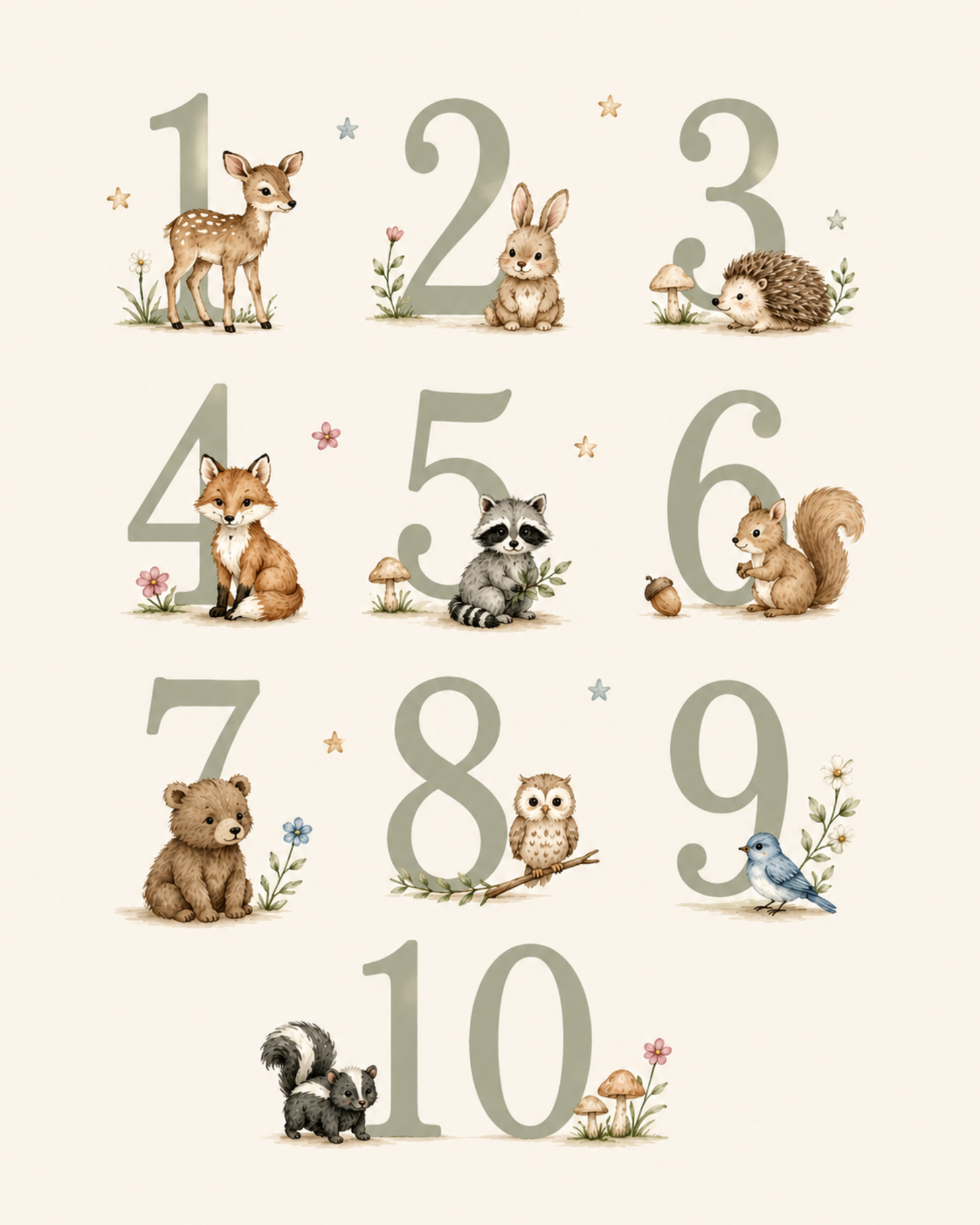 Woodland numbers nursery print featuring the numbers 1 through 10 with watercolor deer, bunny, hedgehog, fox, raccoon, squirrel, bear, owl, bird, and skunk on a cream background.