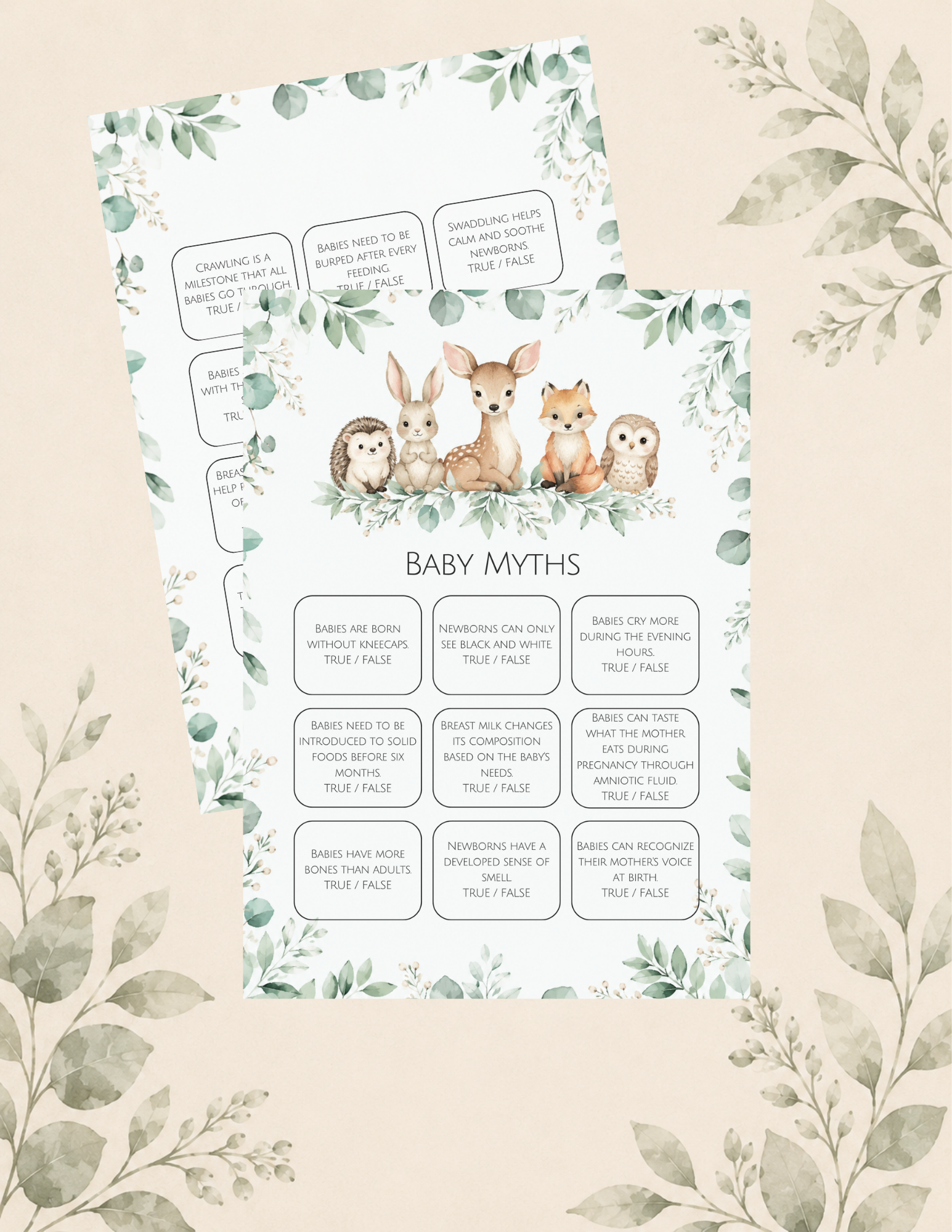 Woodland-themed baby myths printable featuring true or false baby trivia questions with woodland animals and eucalyptus accents.