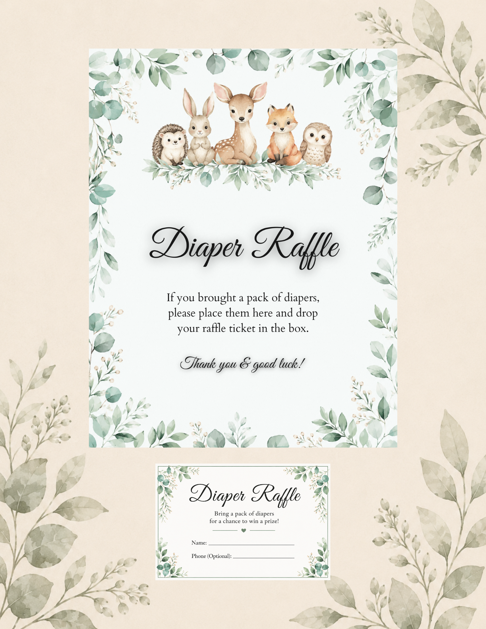 Woodland diaper raffle printable set featuring a diaper raffle sign with forest animals and matching raffle tickets with greenery borders, spaces for guest names, and instructions to bring a pack of diapers for a chance to win a prize.