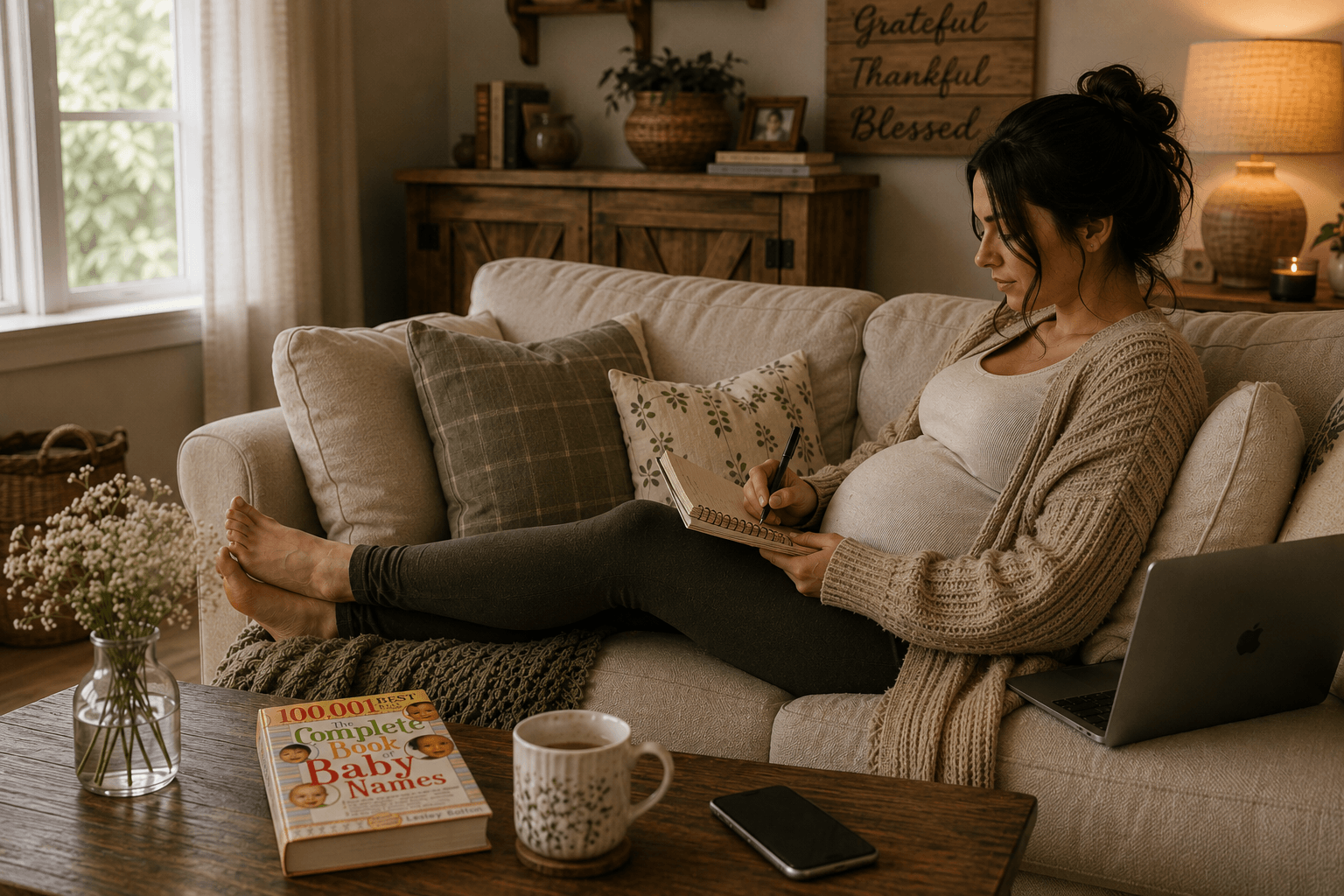 Pregnant woman relaxing on a couch in a cozy living room while writing baby name ideas in a notebook with a laptop, phone, and baby name book nearby.