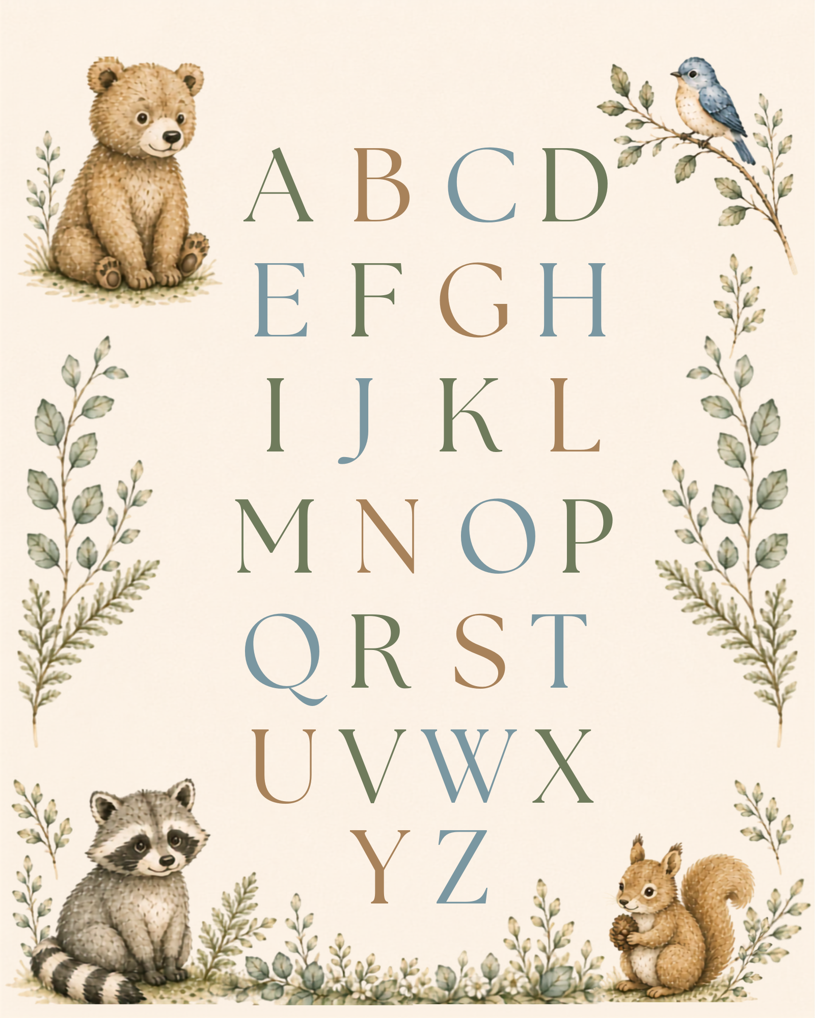Woodland alphabet nursery print with pastel watercolor letters A through Z surrounded by a bear, bird, raccoon, squirrel, mushrooms, and woodland foliage on a cream background.