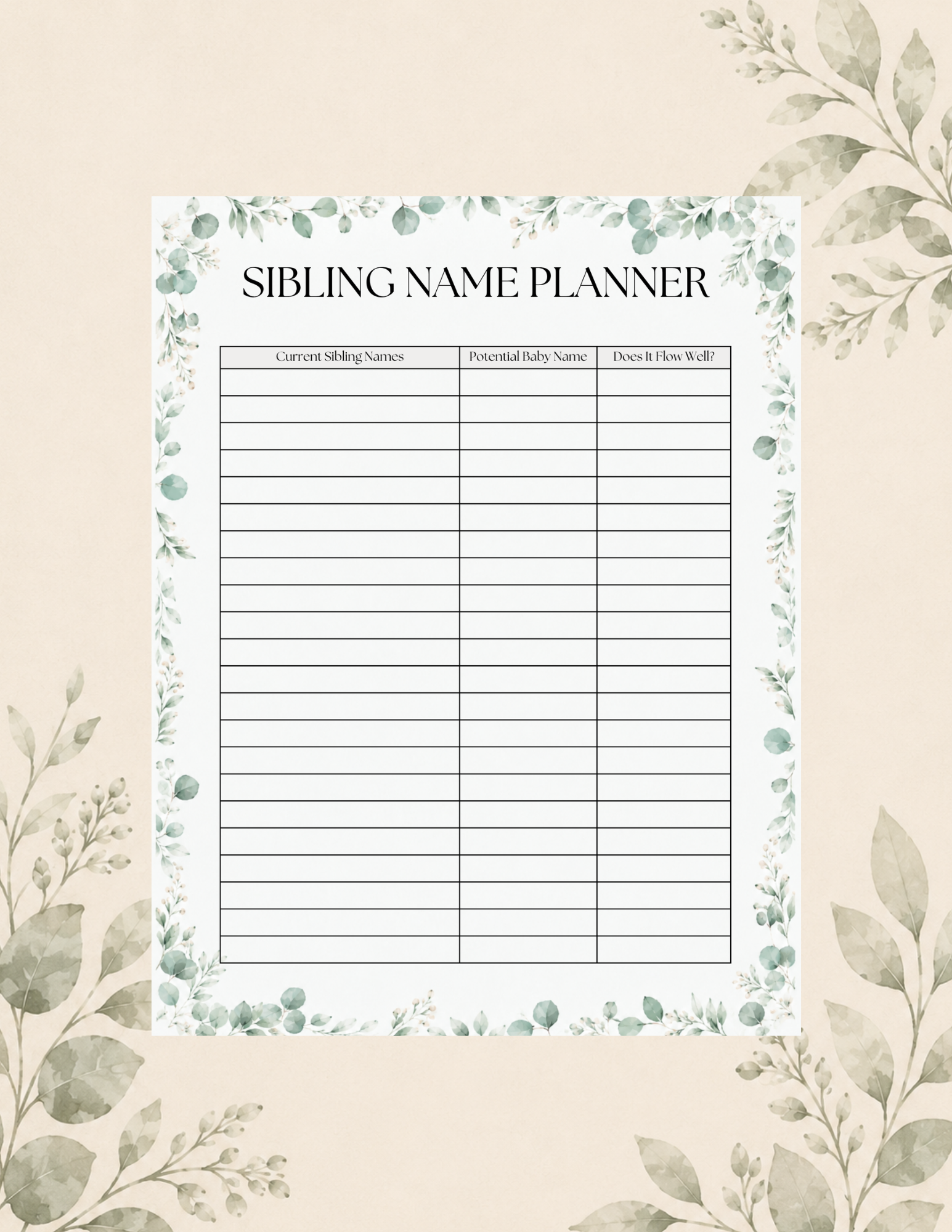 Woodland sibling name planner featuring spaces for sibling names and potential new baby names.
