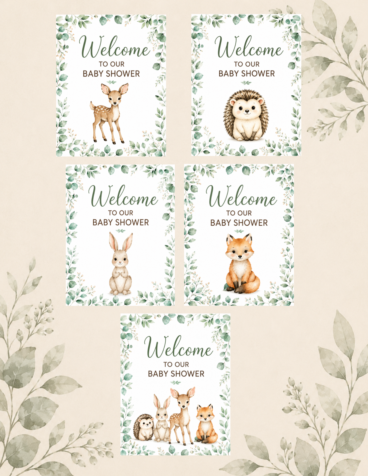 Woodland-themed printable baby shower welcome signs. Featuring five design options with woodland animals, a deer, bunny, fox, and hedgehog.