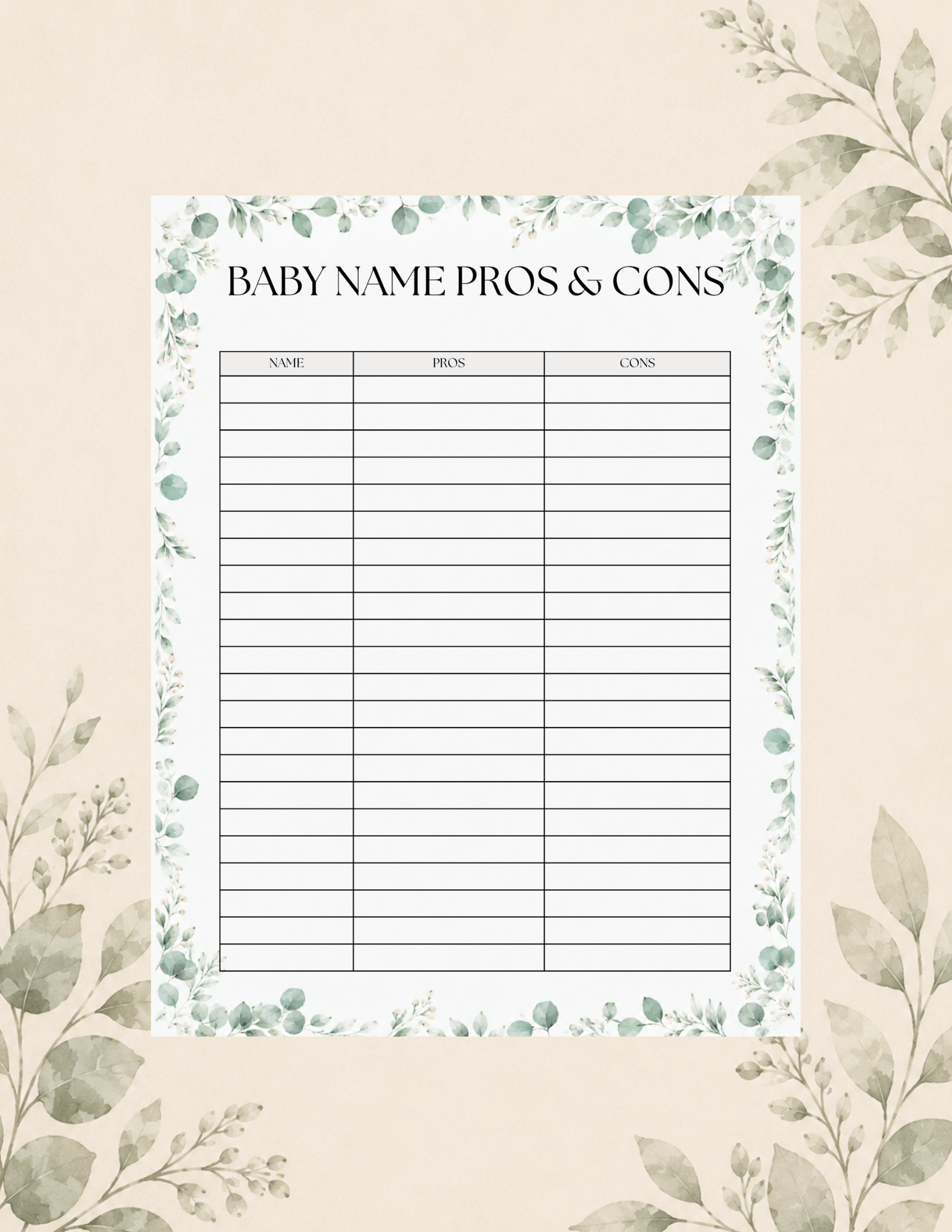 Woodland baby name pros and cons planner featuring columns for names, advantages, and disadvantages.