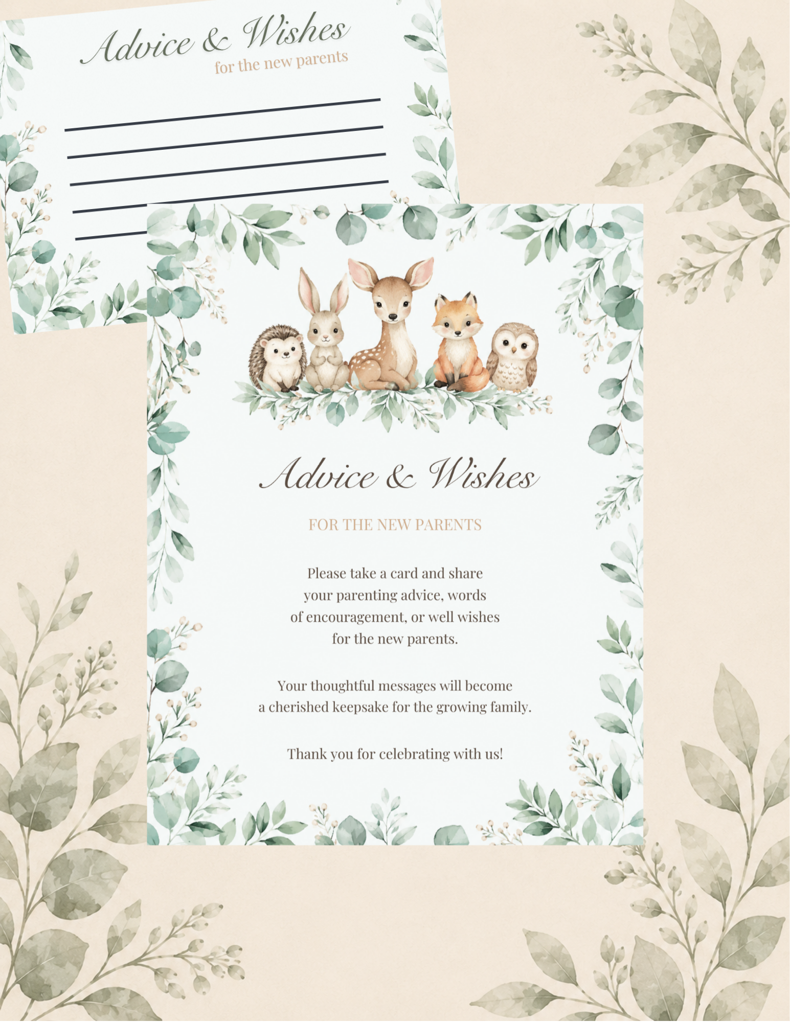 Woodland-themed "Advice & Wishes For The New Parents" printable featuring four advice cards per page with greenery accents and lined spaces for guests to write messages to the new parents along with a table sign.