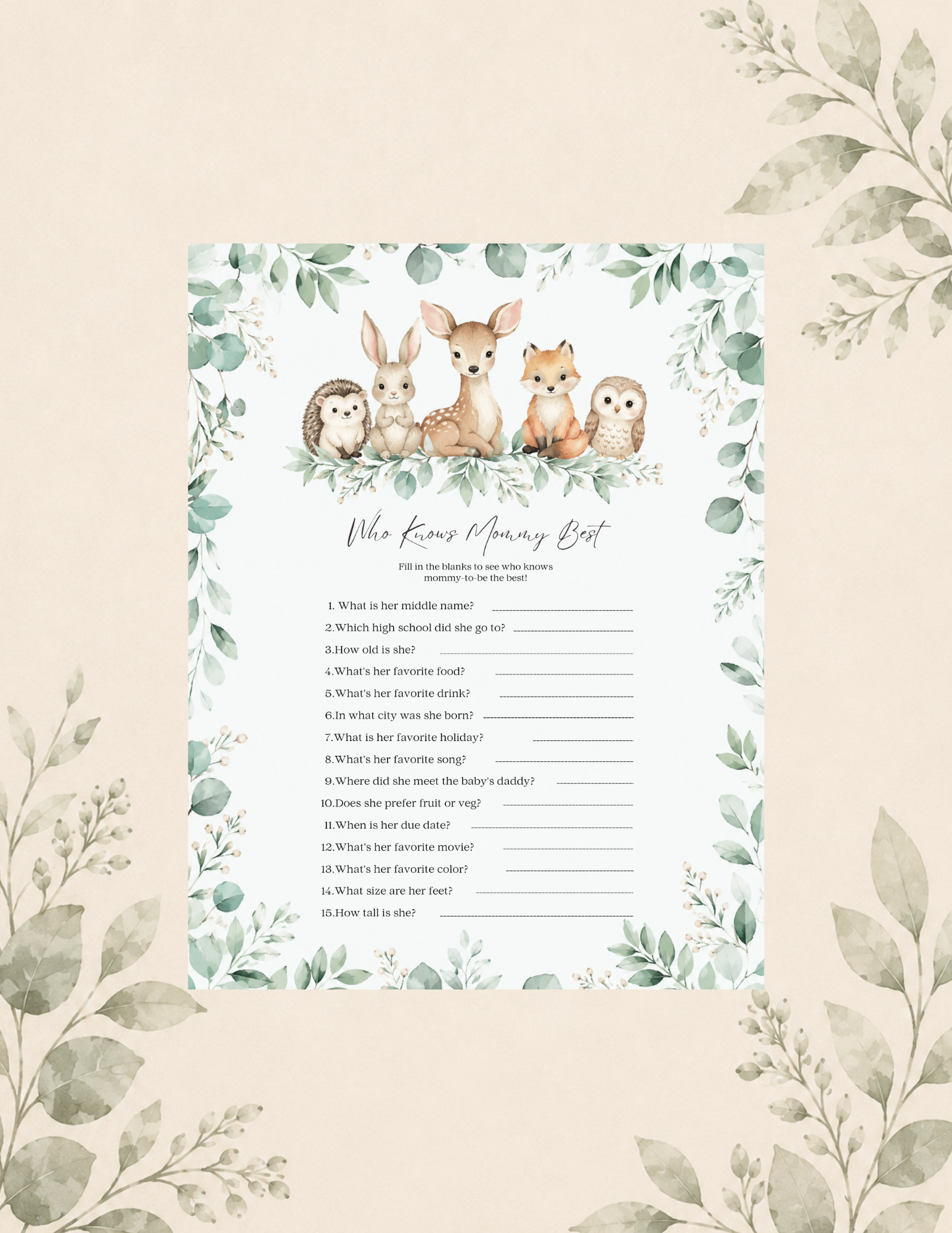 Woodland "Who Knows Mommy Best?" baby shower game printable featuring questions about the mommy-to-be with spaces for guests to write their answers.