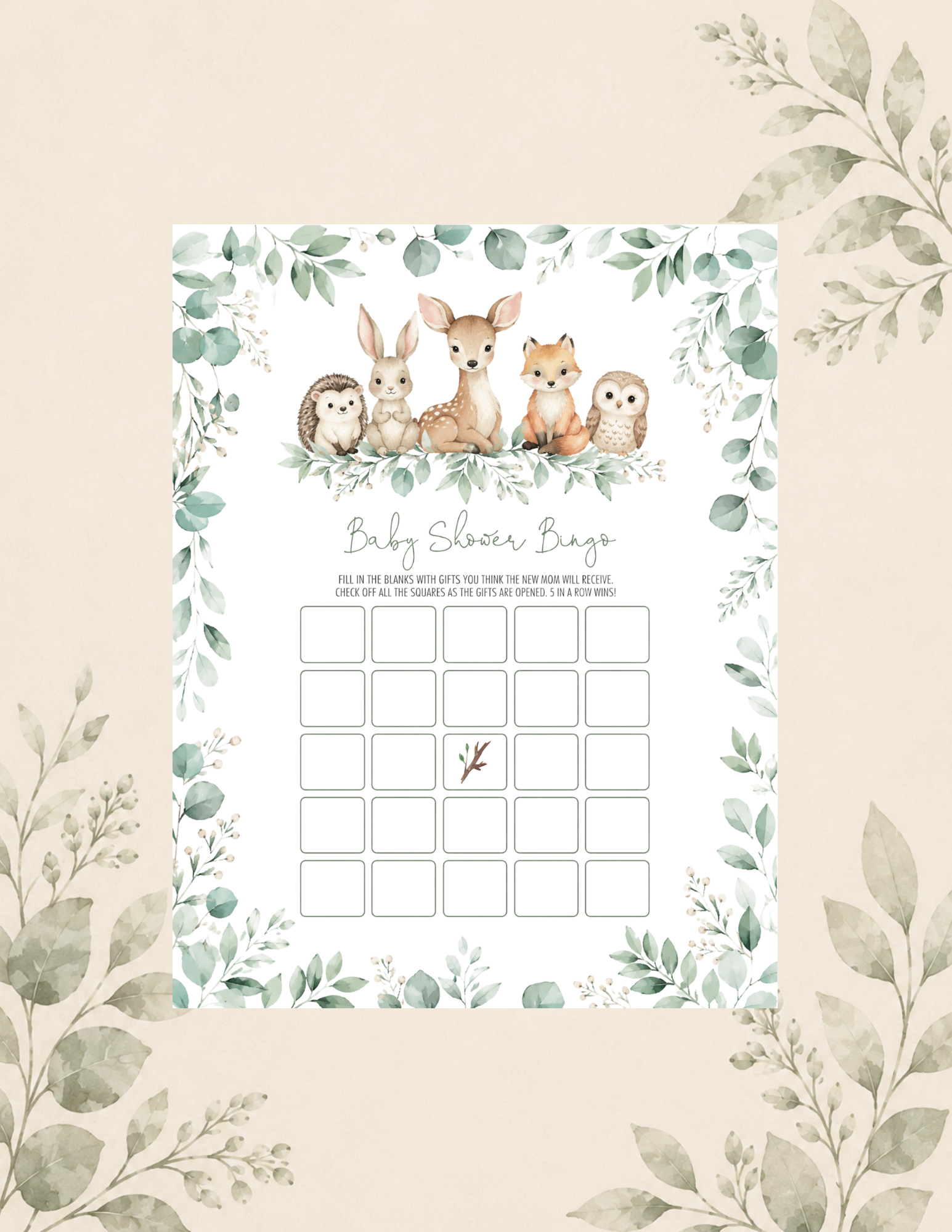 Woodland-themed baby shower bingo printable featuring a deer, bunny, hedgehog, fox, and owl surrounded by greenery. Guests fill in the bingo squares with gifts they think the parents-to-be will receive and mark them off as presents are opened.