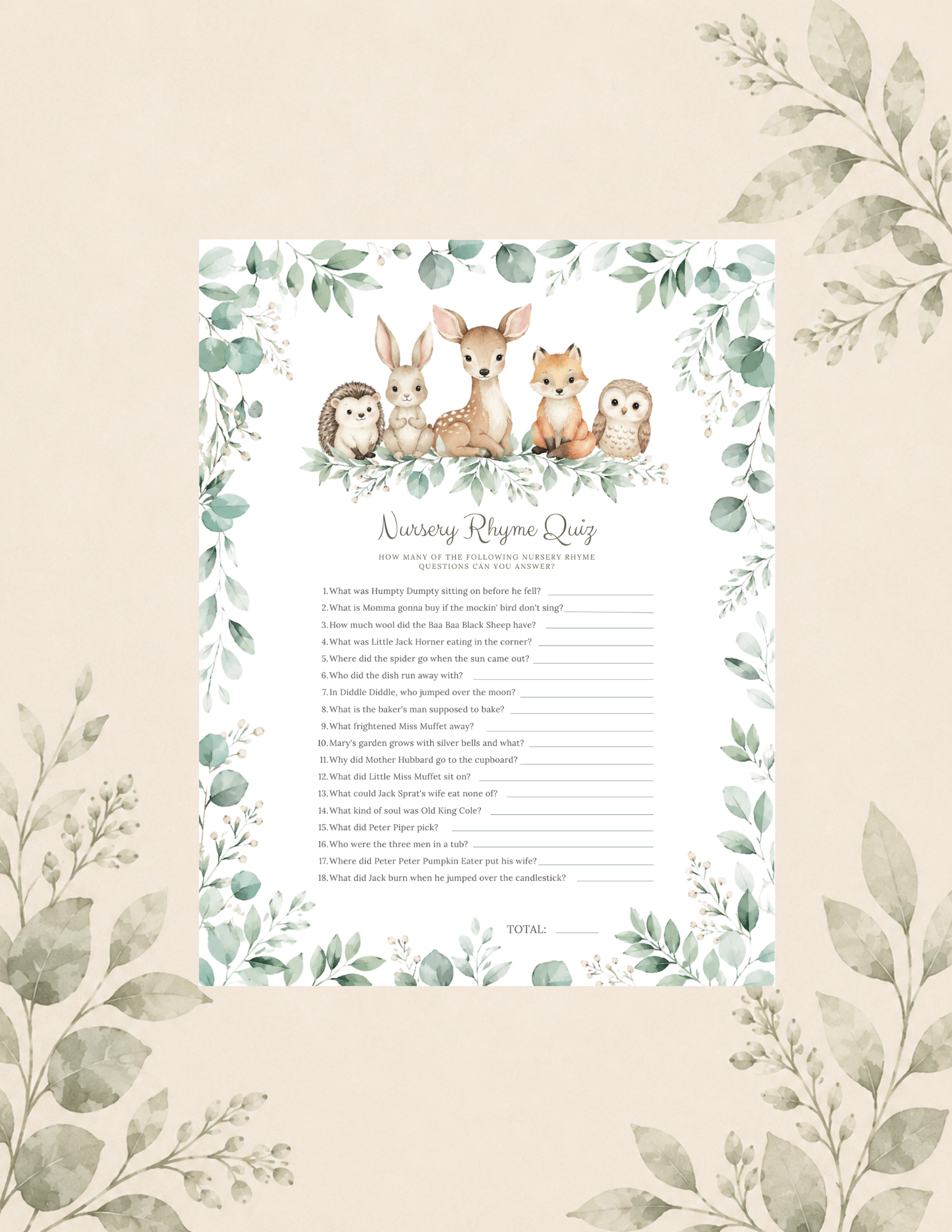 Woodland-themed nursery rhyme quiz printable featuring a deer, bunny, hedgehog, fox, and owl surrounded by greenery. Guests answer 18 questions based on popular nursery rhymes.