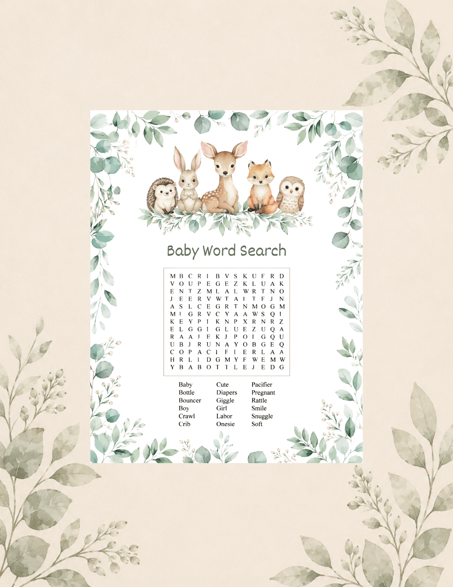 Woodland-themed baby word search printable featuring baby-related words hidden in a puzzle surrounded by greenery and adorable forest animals.