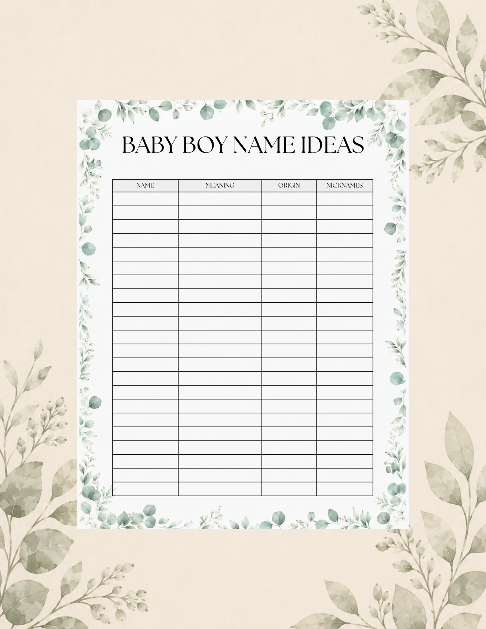 Woodland baby boy name planner featuring greenery borders and sections to record names, meanings, origins, and nickname ideas.