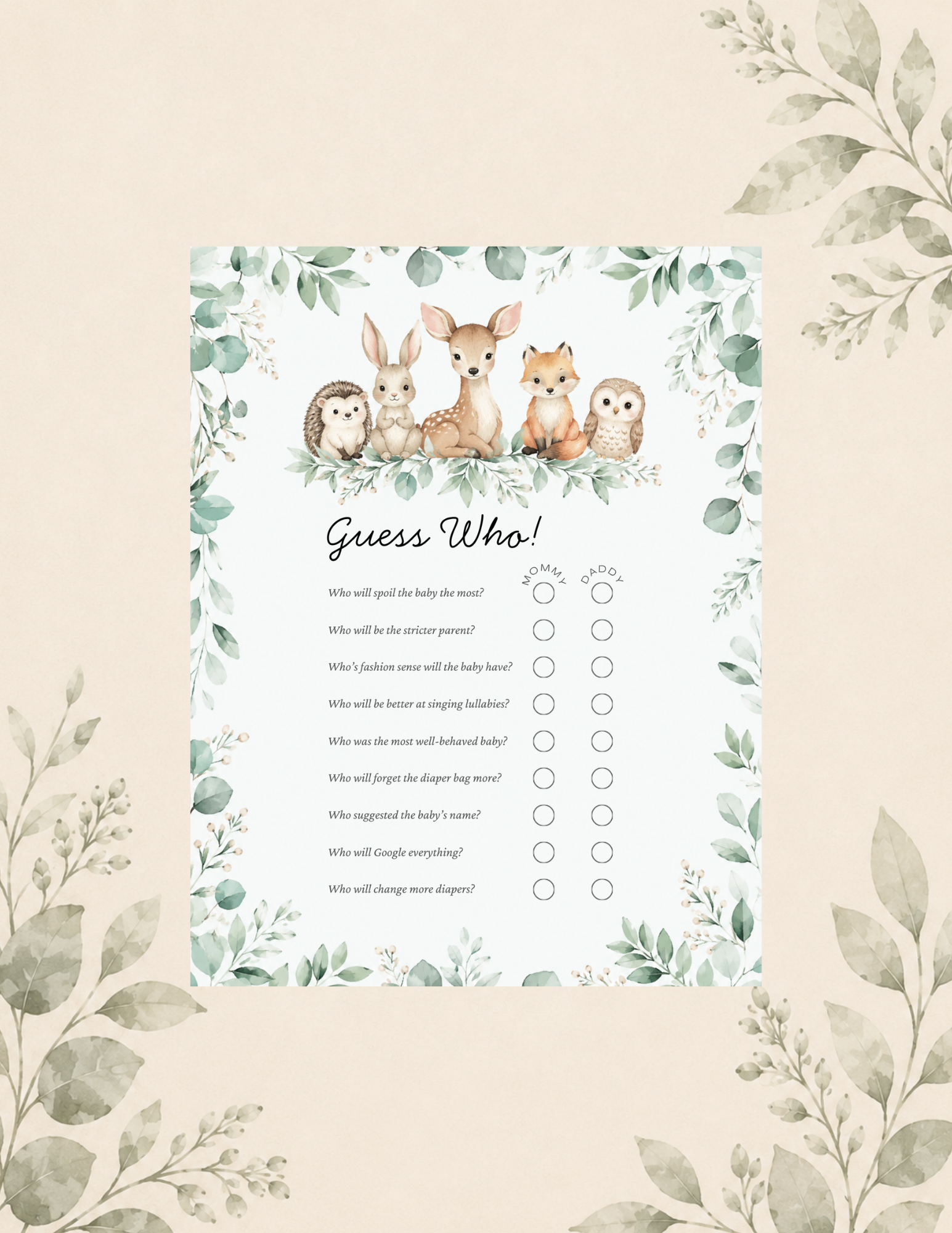 Woodland "Mommy Or Daddy?" baby shower game printable with parenting questions and circles to choose Mommy or Daddy.