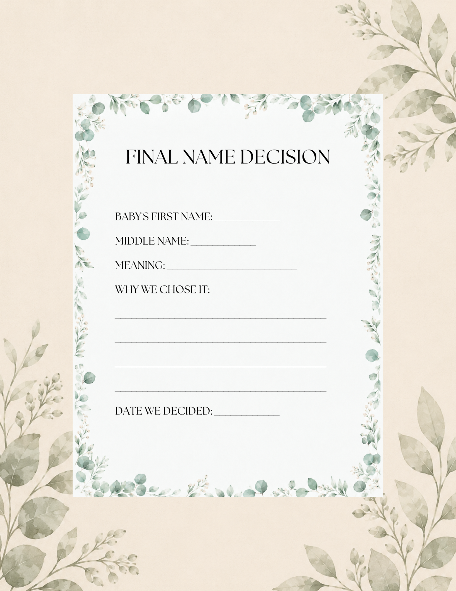 Woodland final name decision keepsake featuring spaces to document a baby's name, its meaning, the story behind the choice, and the date the name was chosen.
