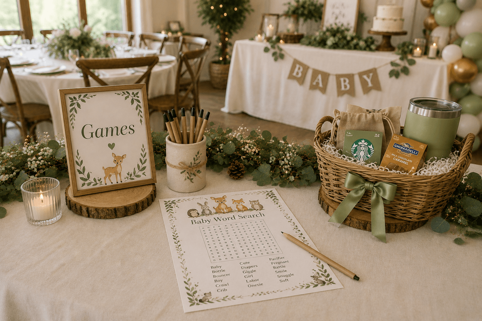 Woodland baby shower games table with a framed "Games" sign, greenery garland, pens, a baby word search printable, and a prize basket. The background shows decorated tables, a dessert table, and neutral balloon decor.