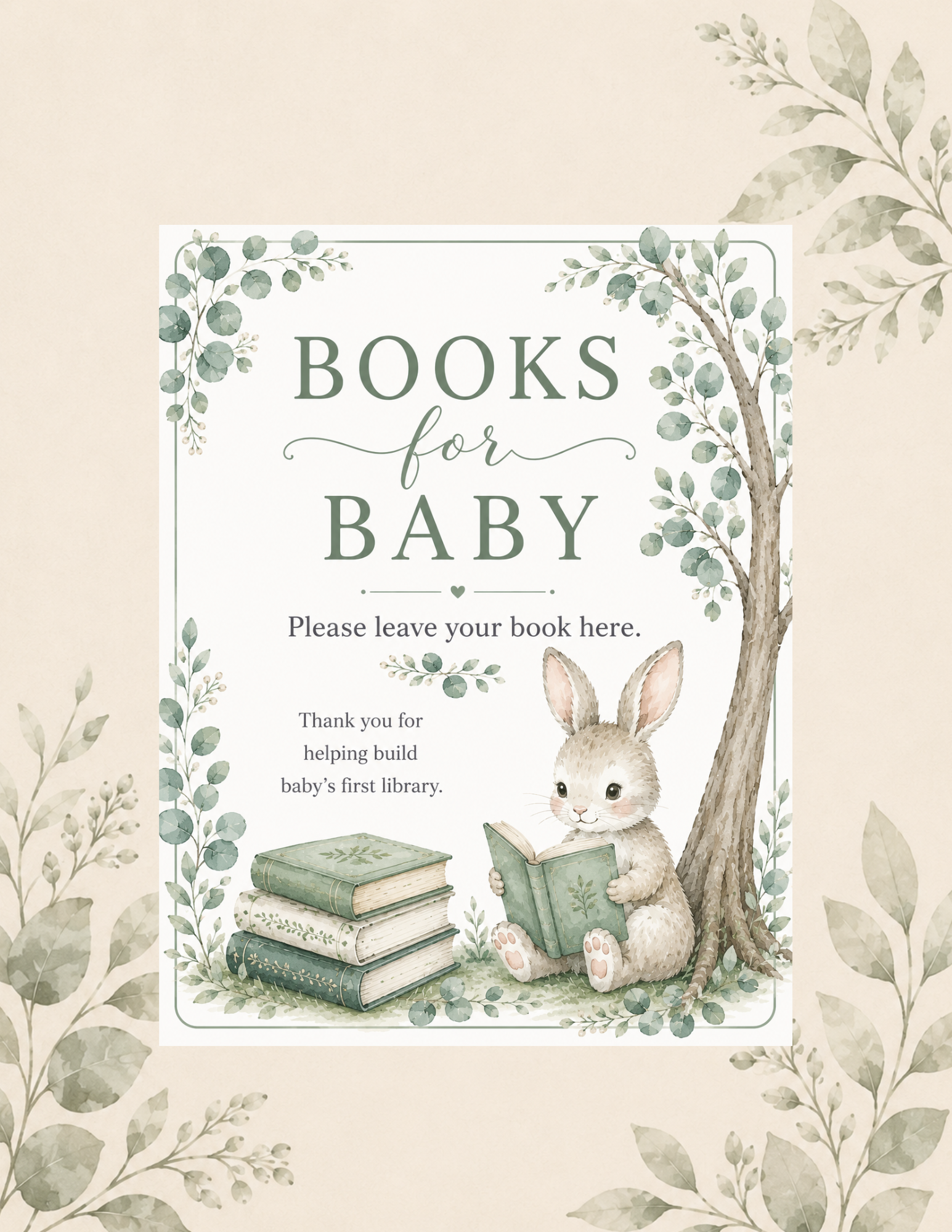 Woodland-themed Books For Baby sign featuring a bunny reading a book beneath a tree beside a stack of books, with text inviting guests to leave a book for baby at the shower.