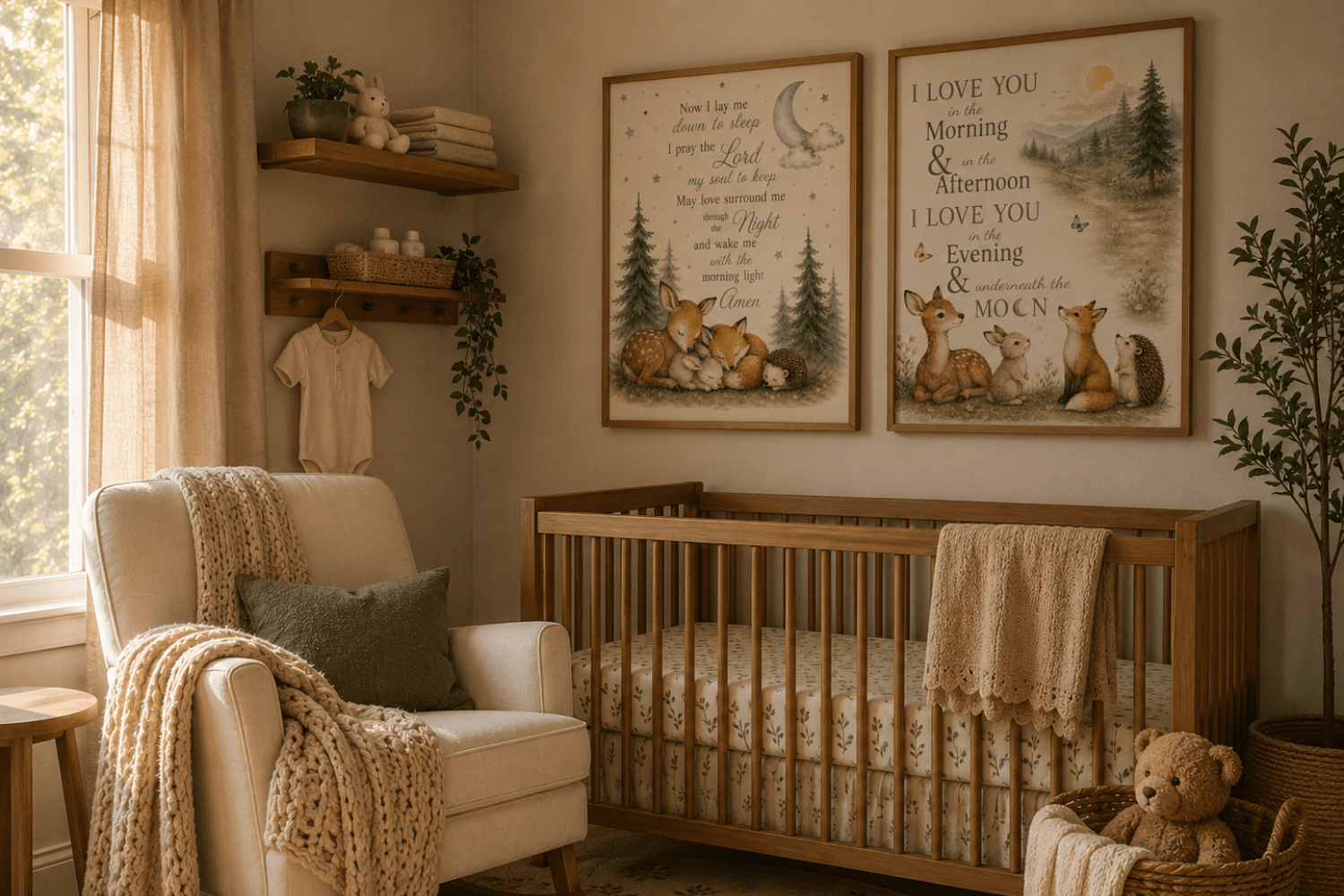 Woodland theme nursery with a wooden crib, rocking chair, knit blanket, and framed woodland nursery prints above the crib.