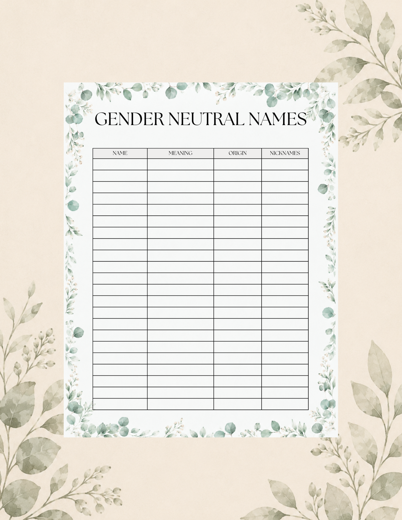 Woodland gender neutral name planner featuring greenery borders and sections to record names, meanings, origins, and nickname ideas.