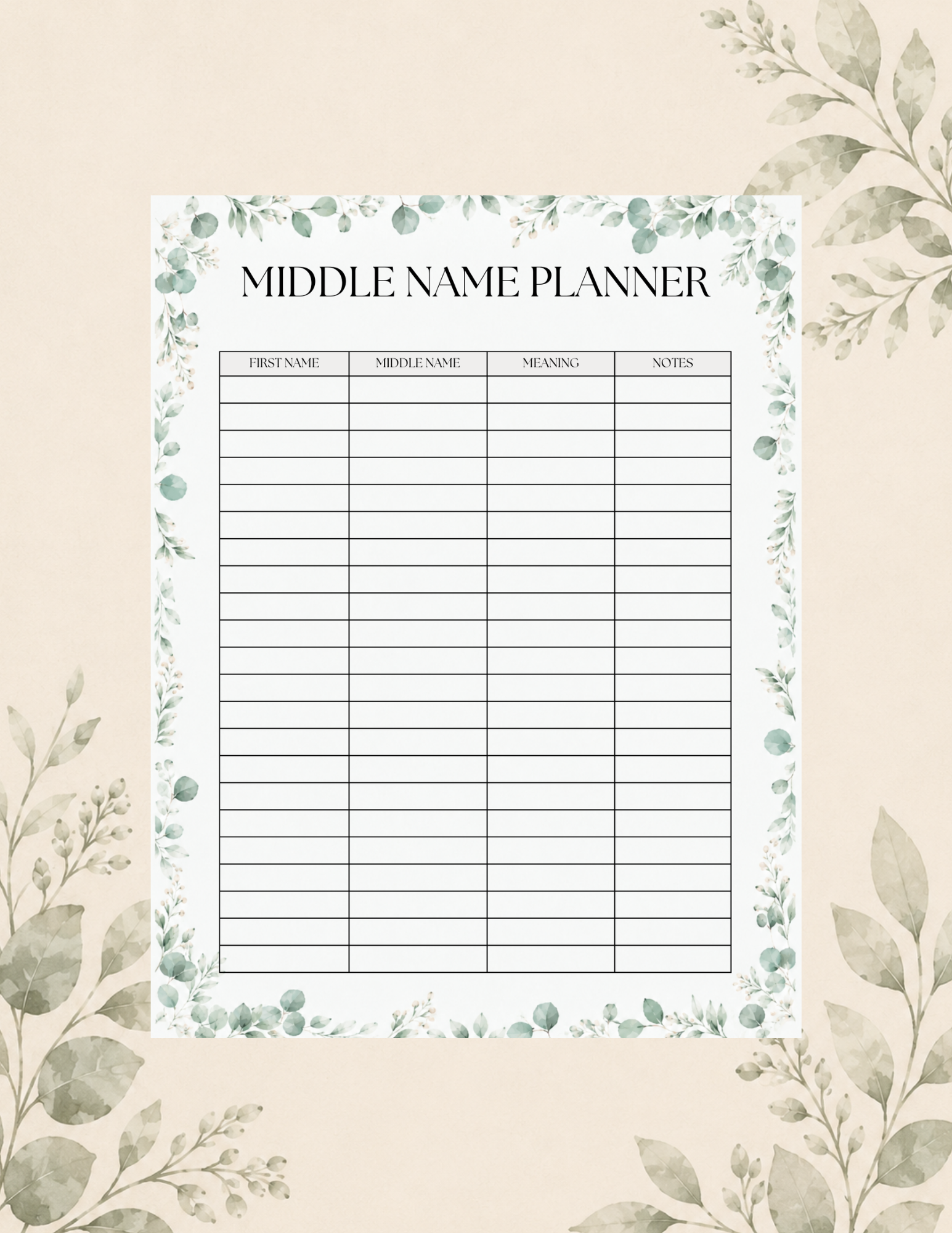 Woodland middle name planner featuring sections for first names, middle names, meanings, and notes.