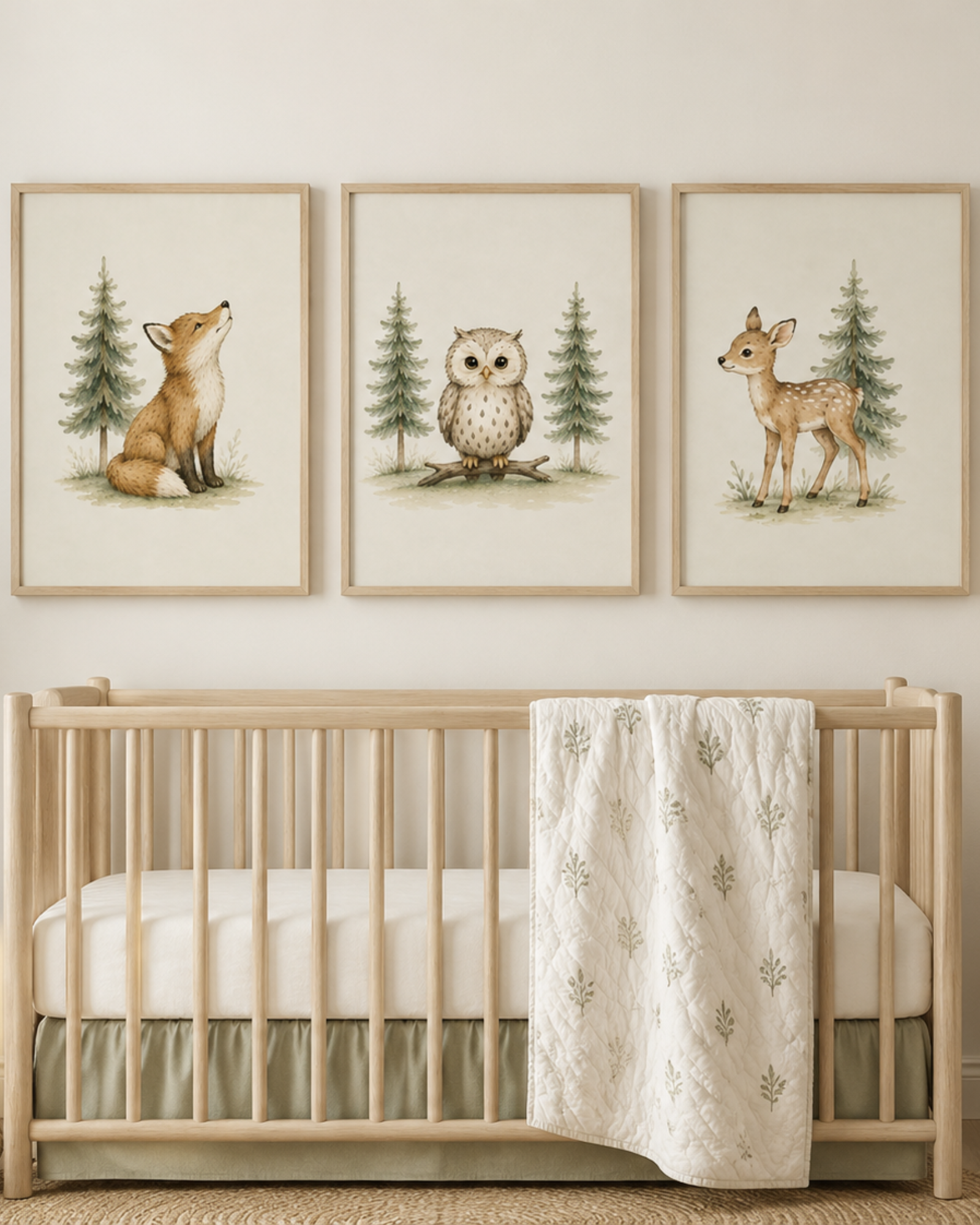 Three matching woodland watercolor nursery prints featuring a fox looking upward beside an evergreen tree, an owl perched on a branch between two pine trees, and a young deer standing beside an evergreen tree on a soft neutral background.