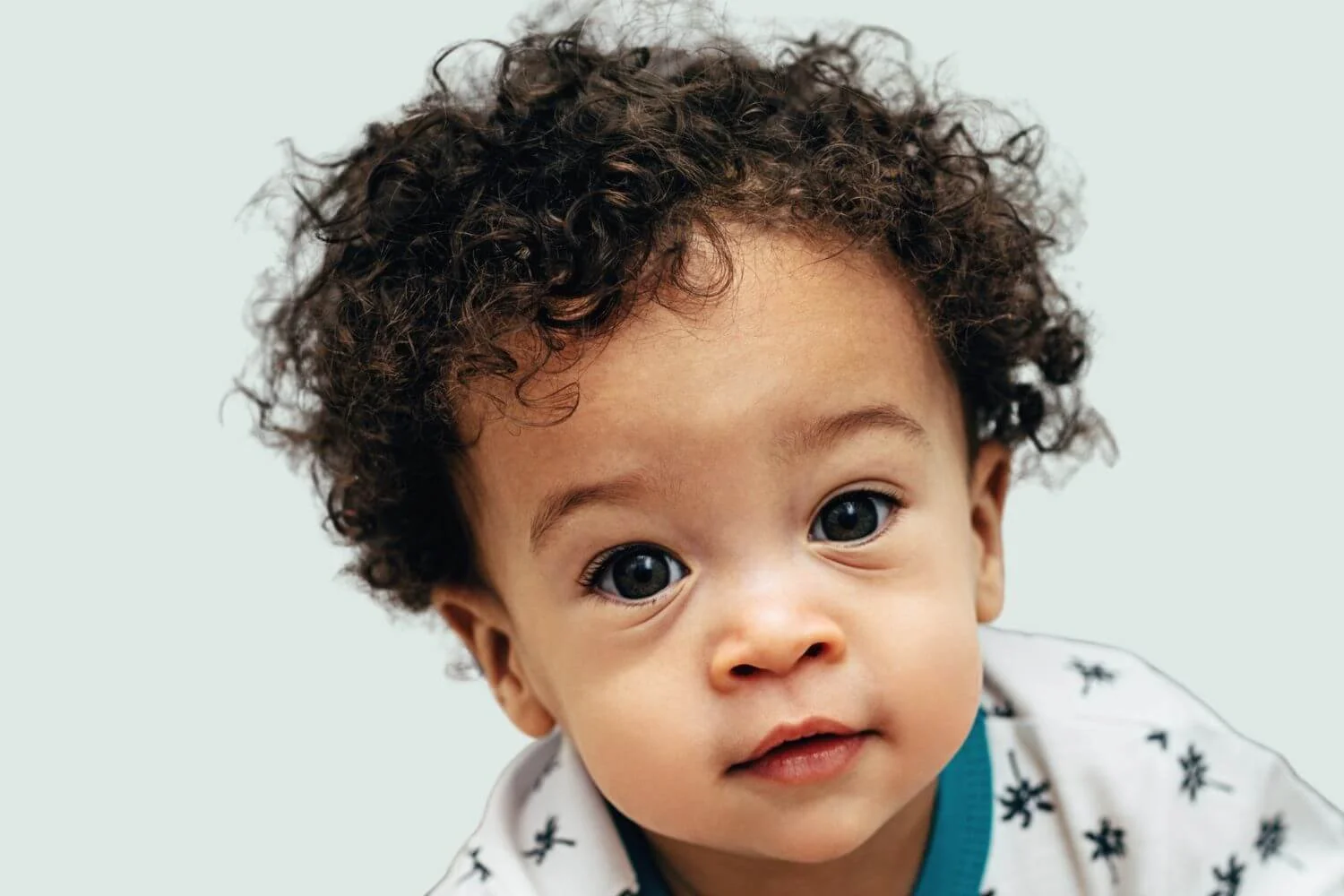 Toddler boy with dark curly hair looking at the camera.