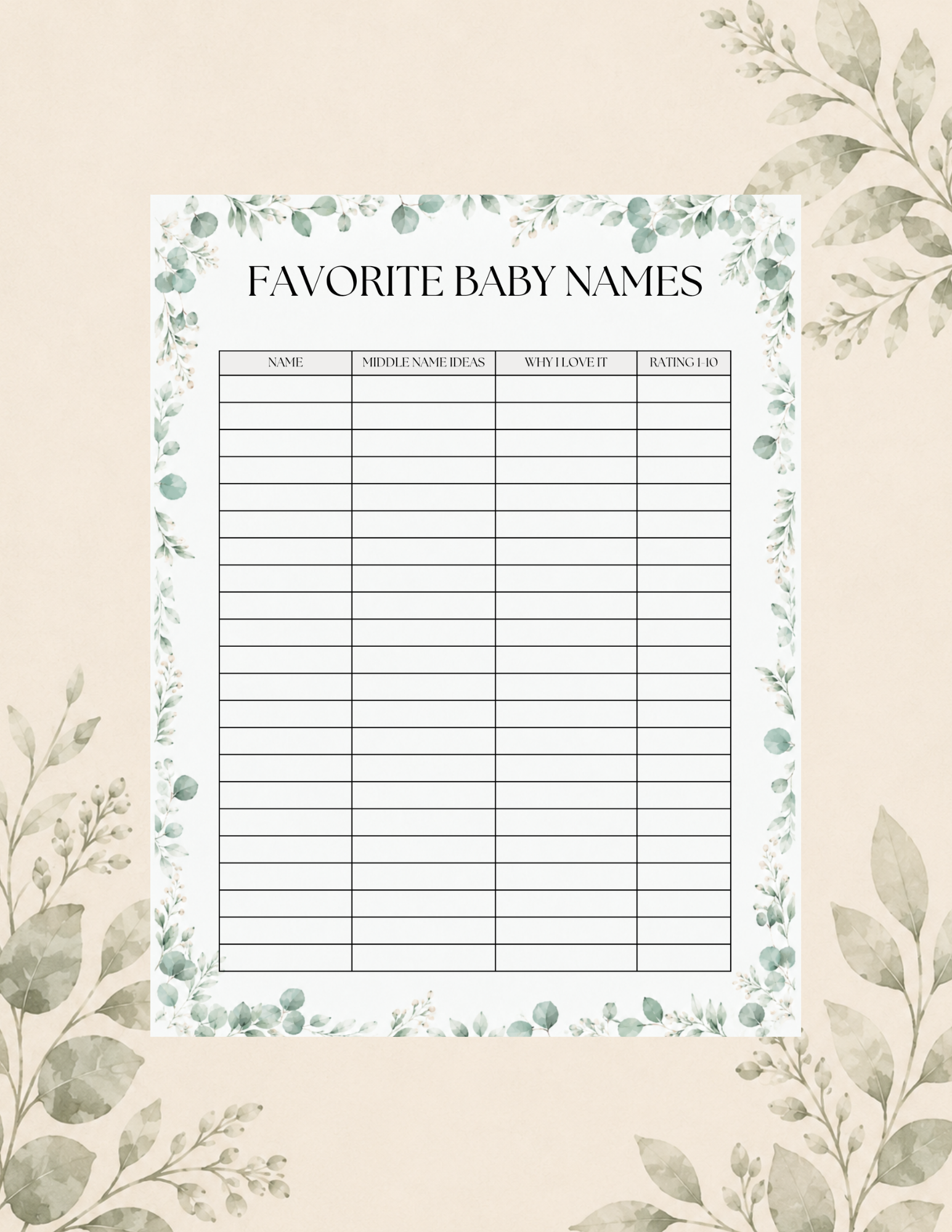 Woodland-themed Favorite Baby Names printable worksheet featuring greenery borders and columns labeled Name, Middle Name Ideas, Why I Love It, and Rating 1–10 for comparing favorite baby name choices.