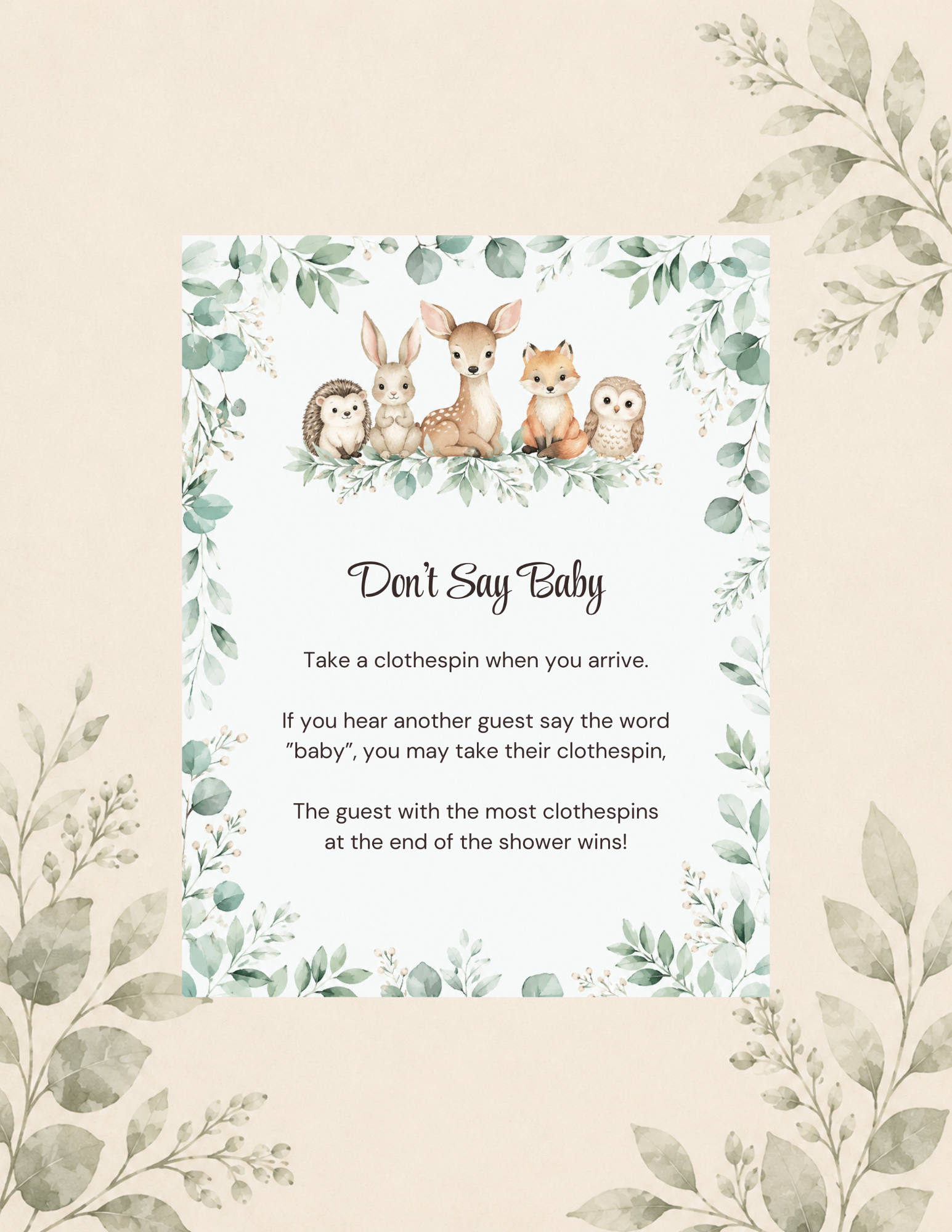 Woodland-themed "Don't Say Baby" baby shower sign featuring a deer, bunny, hedgehog, fox, and owl surrounded by greenery with instructions for the clothespin game.
