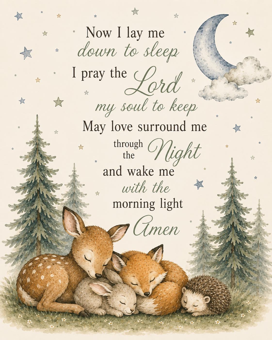Woodland nursery print featuring the bedtime prayer "Now I Lay Me Down To Sleep" with a sleeping deer, fox, bunny, and hedgehog beneath a moonlit sky surrounded by pine trees and stars.