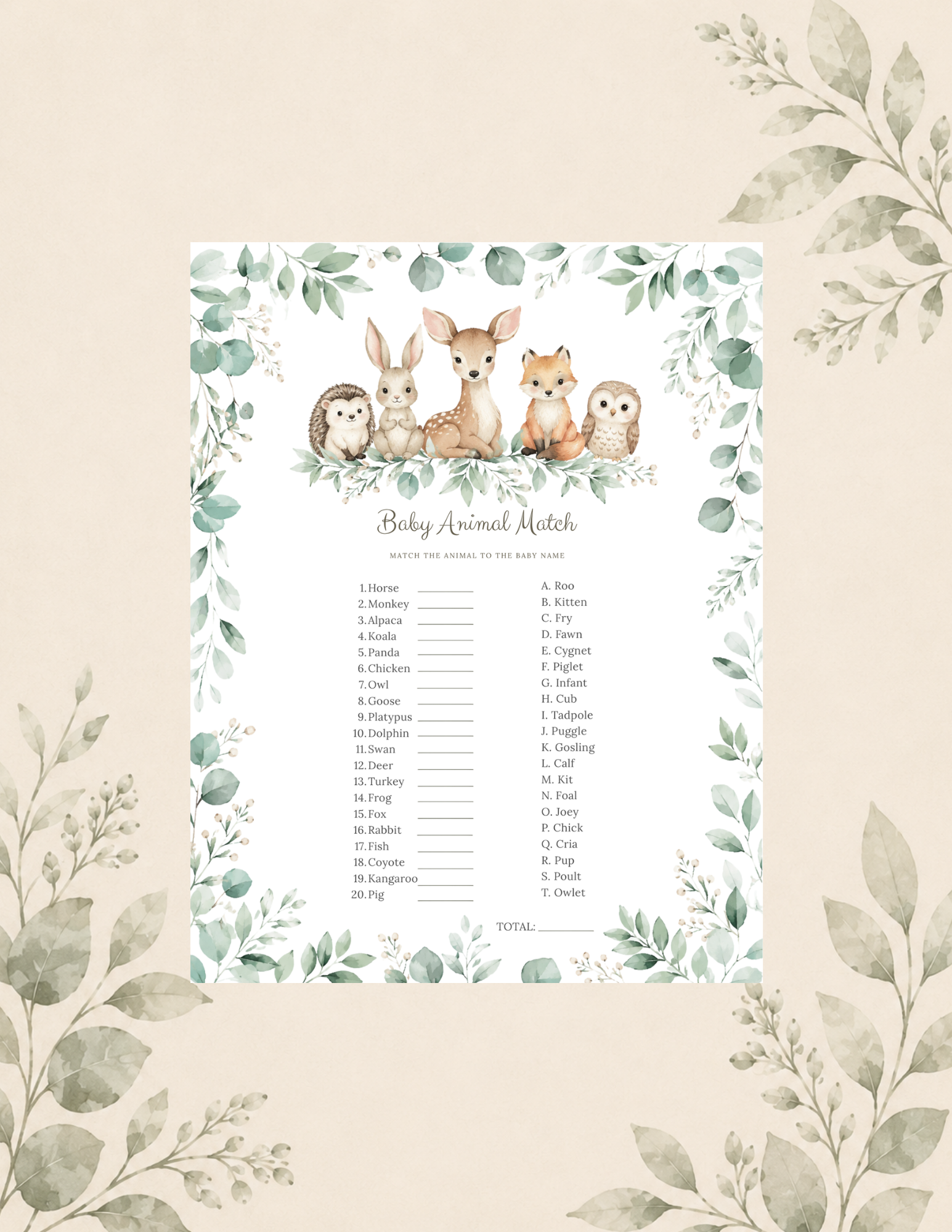 Woodland-themed baby shower game printable titled "Baby Animal Match" featuring a deer, bunny, hedgehog, fox, and owl surrounded by greenery. Guests match 20 adult animals with their corresponding baby animal names.