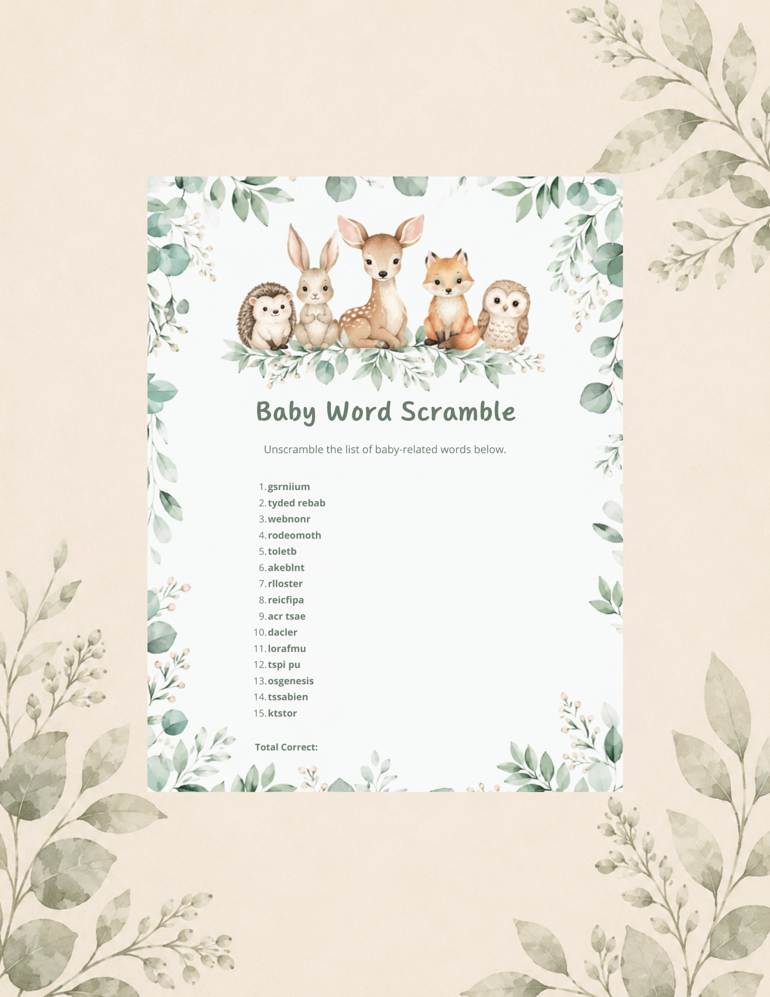 Woodland baby word scramble printable featuring 15 scrambled baby-related words, forest animals, and greenery.