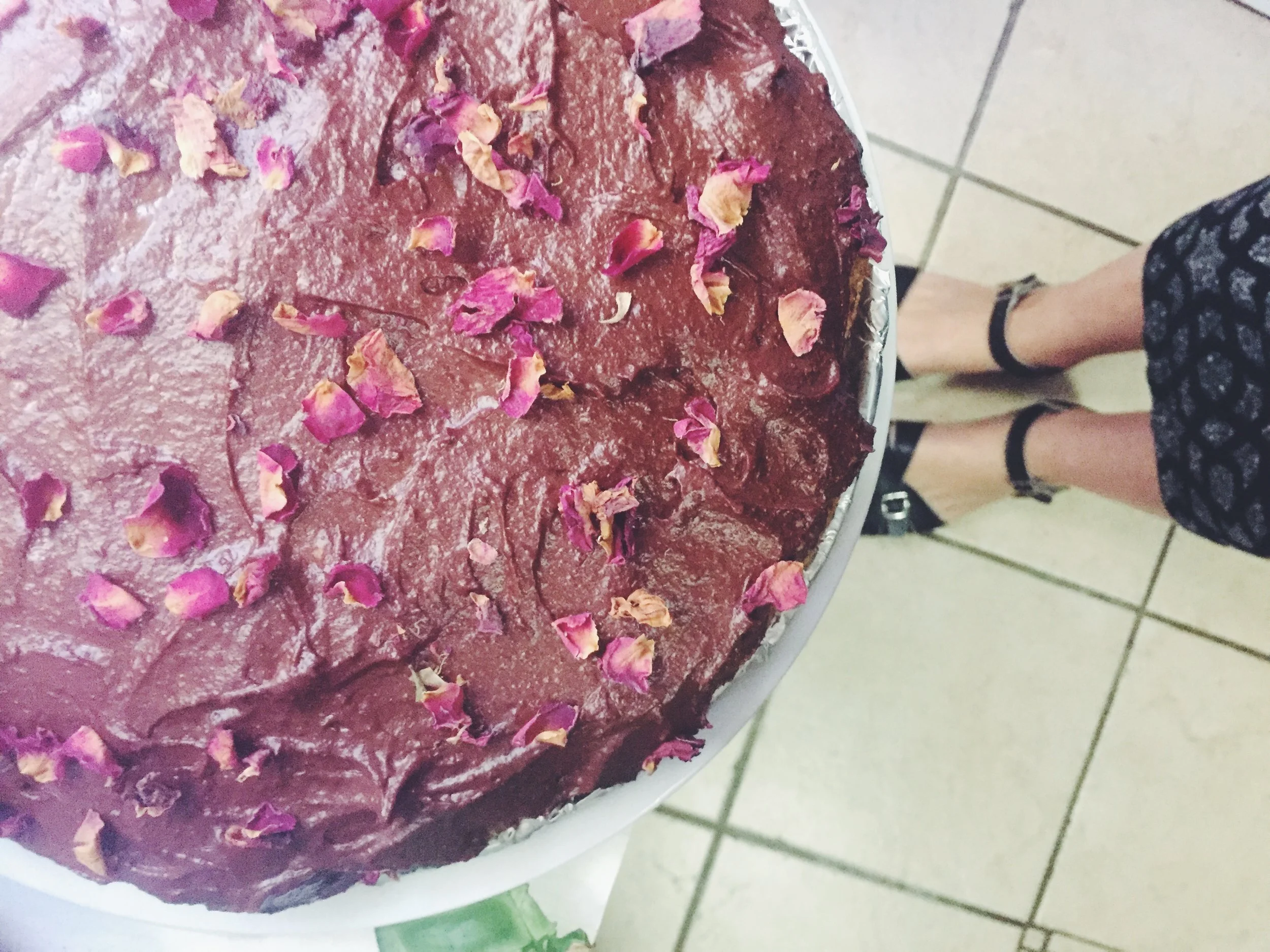 Vanilla &amp; Rose Cake with Chocolate &amp; Tahini Caramel Frosting