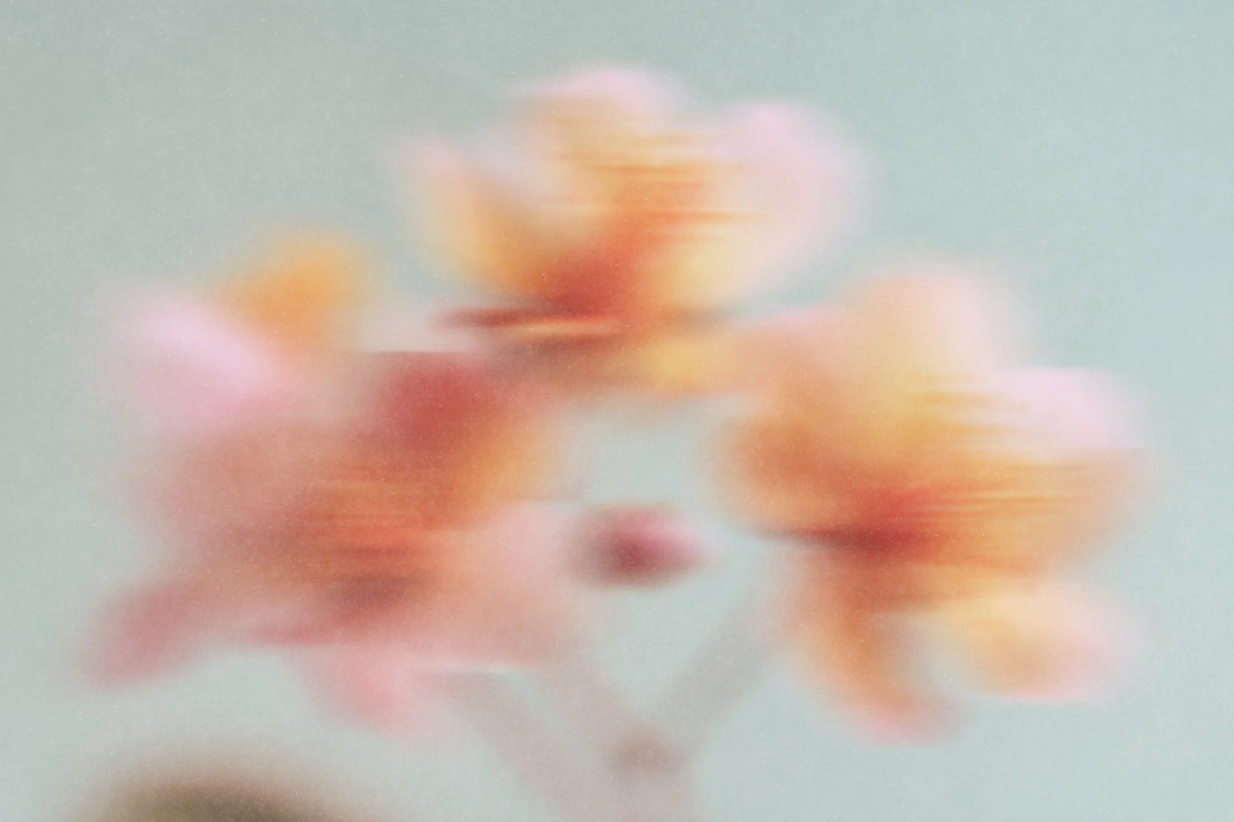 Blurry, abstract image with soft pastel colors, mainly peach, pink, and mint green, with no distinguishable objects or figures.