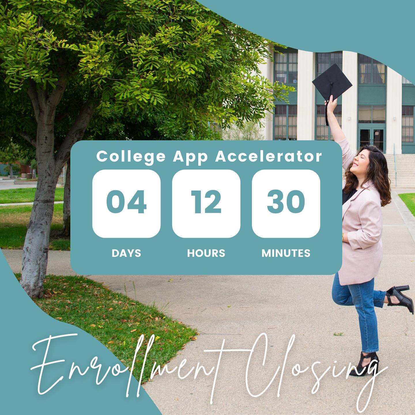 CALLING ALL RISING SENIORS 📣 

This is your last chance to enroll in our College App Accelerator. 🎓

You get:
✅ customized college list made for YOU
✅ 30 hours of video lessons 
✅ over 15 templates to make your own 
✅ 1-on-1 time with me 🙋🏻&zwj;♀