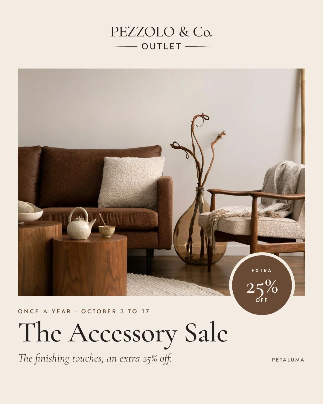 Our once-a-year Accessory Sale is on. Pillows, throws, bedding, artwork, lamps, and decor are an extra 25% off at the Outlet through Saturday, October 17. It's in-stock only, so the good stuff won't sit around long.

Pezzolo &amp; Co. Outlet, 850 Lin
