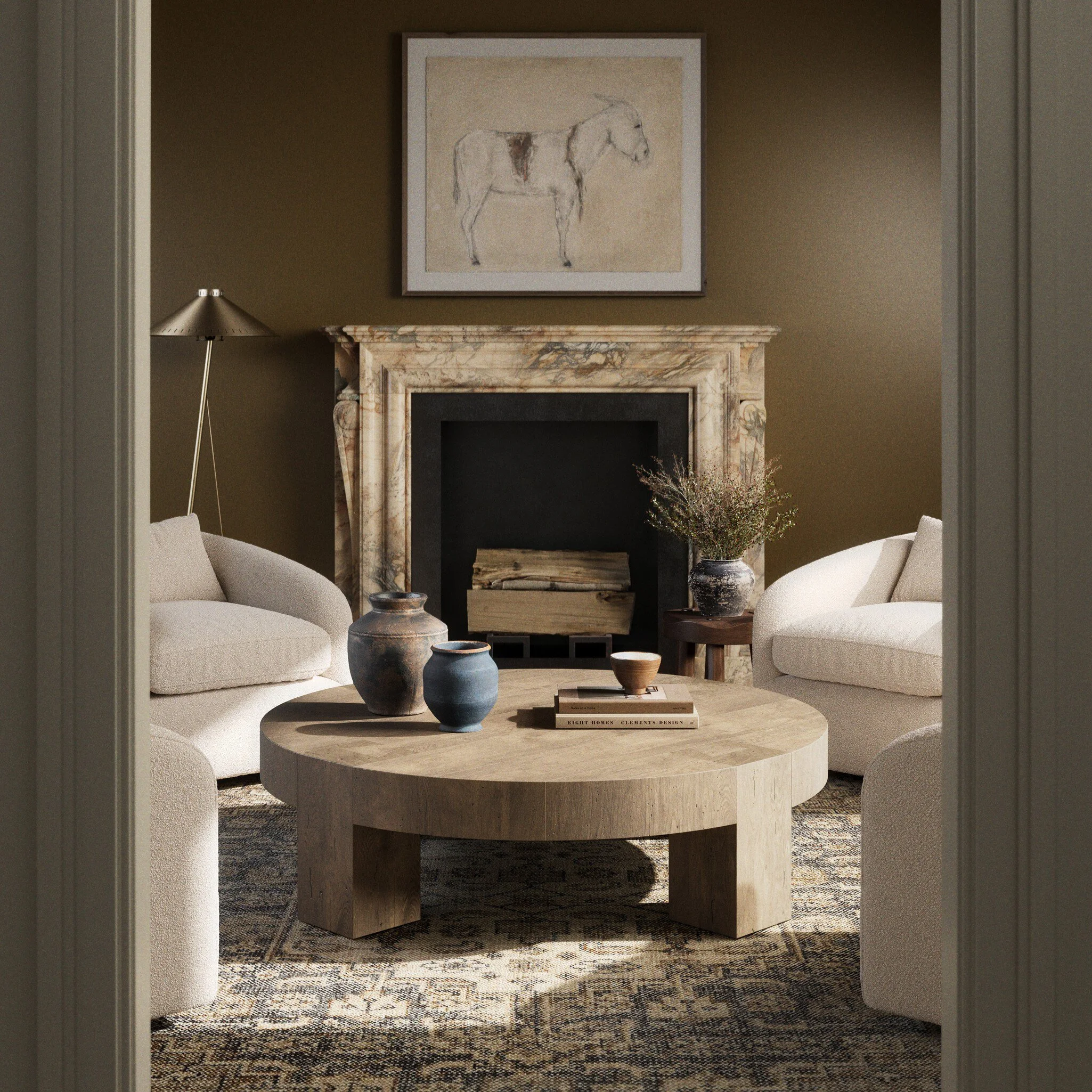 Modern neutral entryway with boucle bench, oversized horse artwork, and cozy layered textiles in natural light