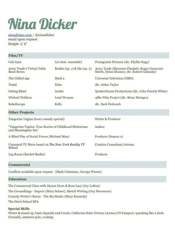 Nina Dicker's resume that lists her TV & Film credits, commercial credits, education, and other projects she's involved with