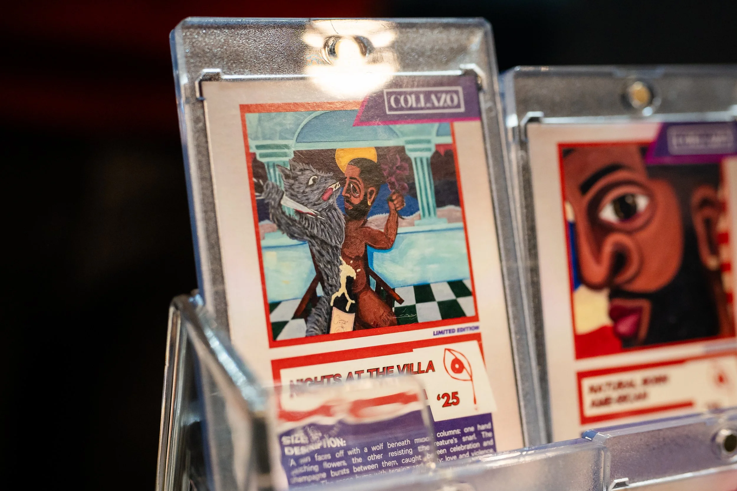 A card in a plastic display case featuring artwork of a man with a beard and a wolf. The man is barefoot, holding a guitar, standing in front of an architectural background with columns. The card is titled "Nights at the Villa" and marked as a limite