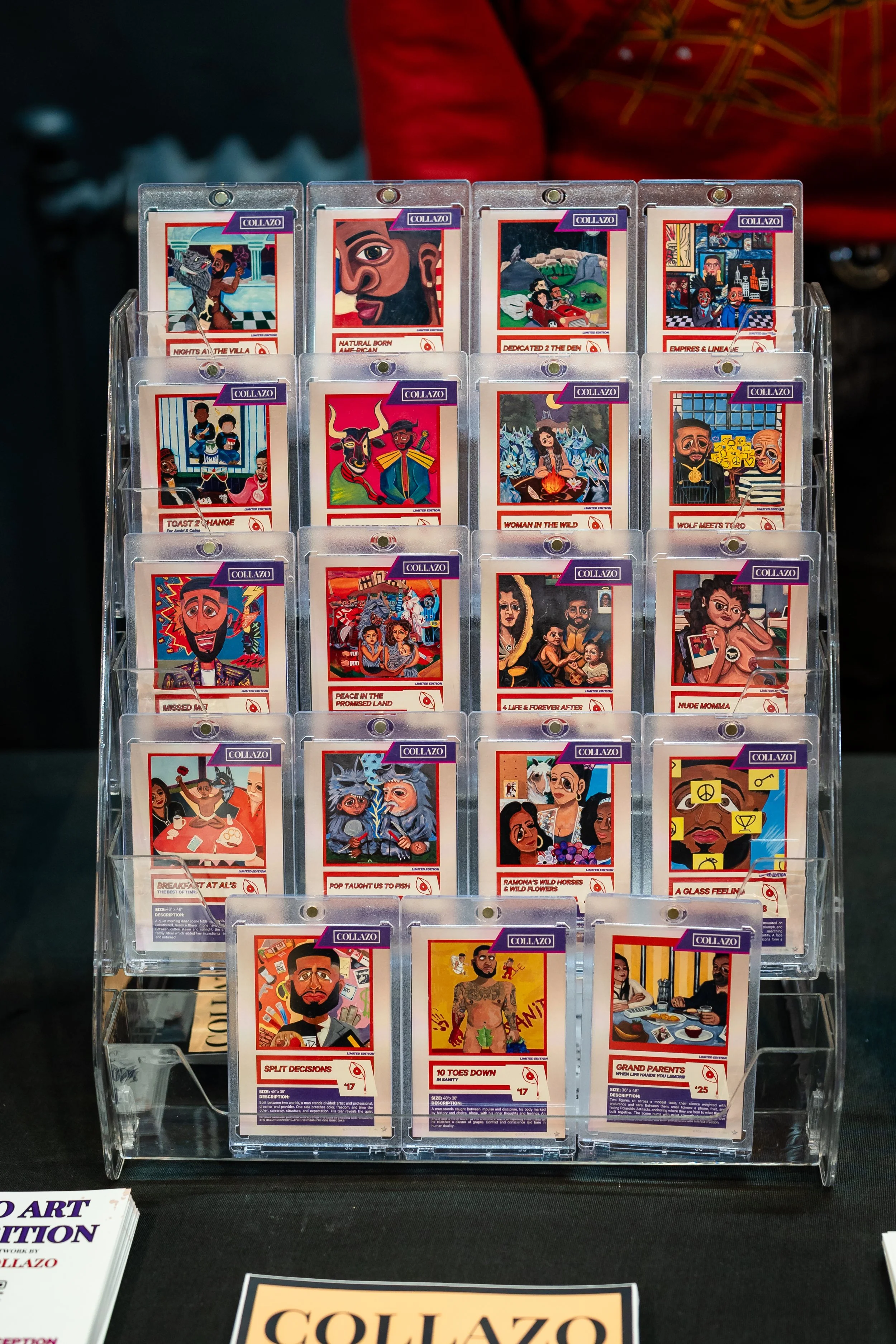 Display of multiple trading cards featuring colorful, illustrated portraits of various characters, arranged in a clear plastic rack.
