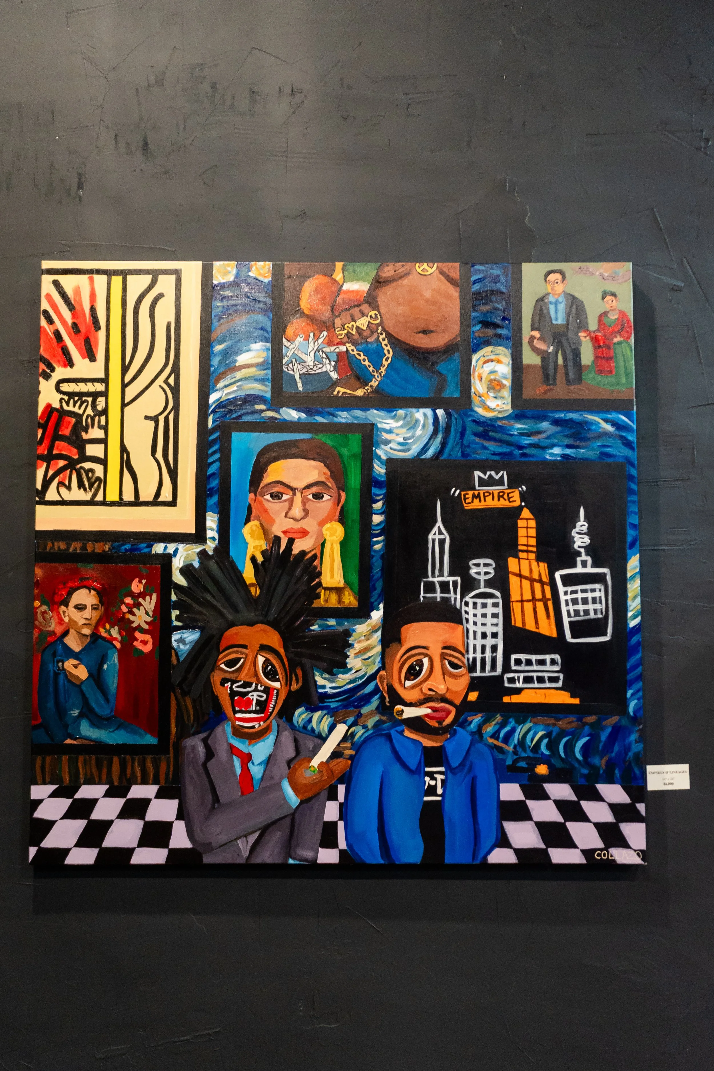A colorful painting of urban and pop culture scenes featuring portraits of diverse characters, cityscapes, and abstract art, with a checkered floor background.