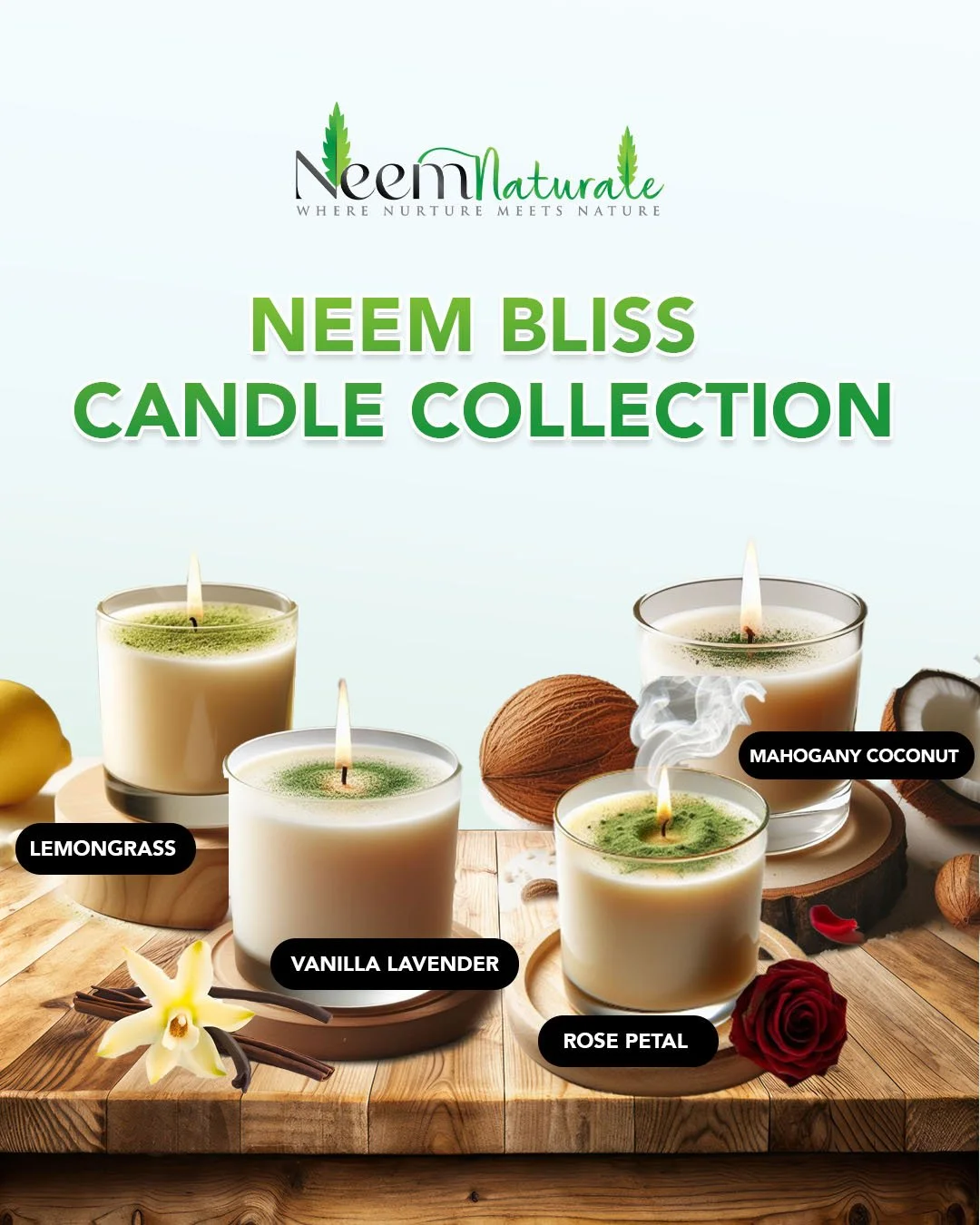 Each of our 4oz candles are handcrafted with coconut soy wax, meticulously fashioned to match the scents of our product line, and adorned with a delicate tough of organic neem leaf powder.
Our Neem Bliss Collection scents:
🪻Vanilla Lavender
🌹Rose