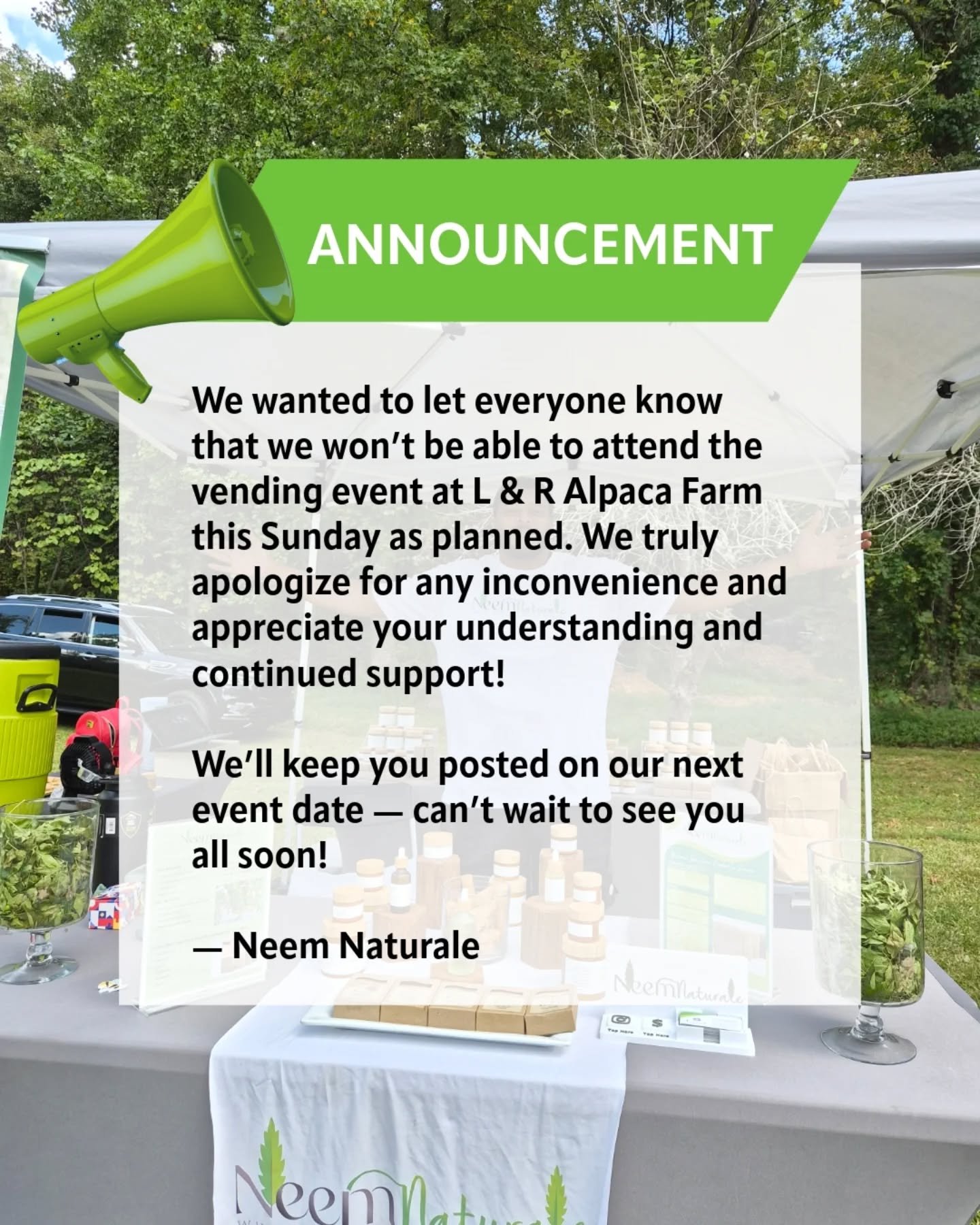 Unfortunately we won't be able to attend L&amp;R Alpaca Farm Vendjnf event This upcoming Sunday, but we will keep you updated on our next event! 

Www.neemnaturale.com 

#neemnaturale