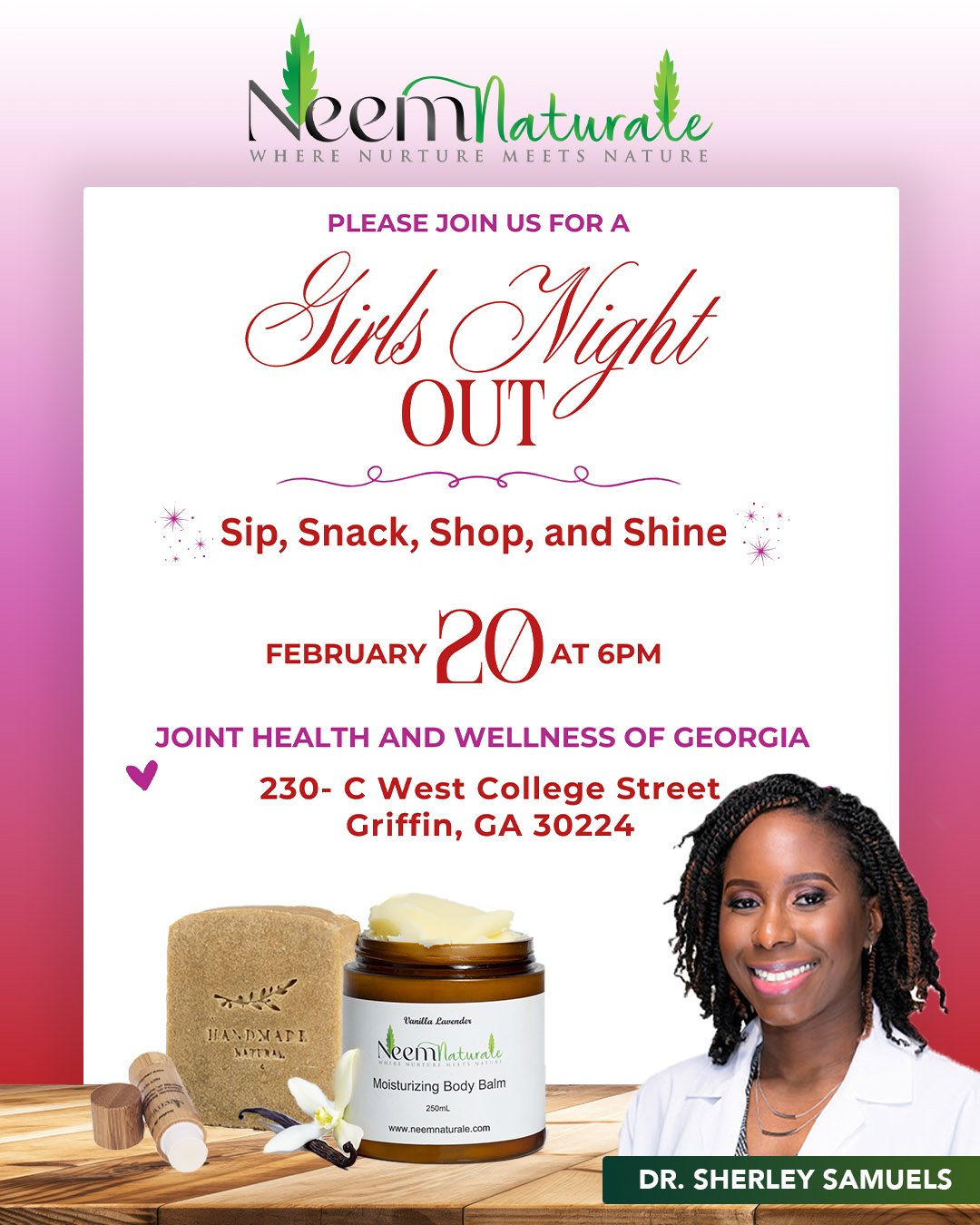 Join us for a luxe Girls' Night Out featuring light bites and flavorful refreshments and boutique shopping.

We will have our best selling products: Moisturizing Body Balm, handmade soap &amp; more!

Save the Date: February 20, 2026
Tag your friend a